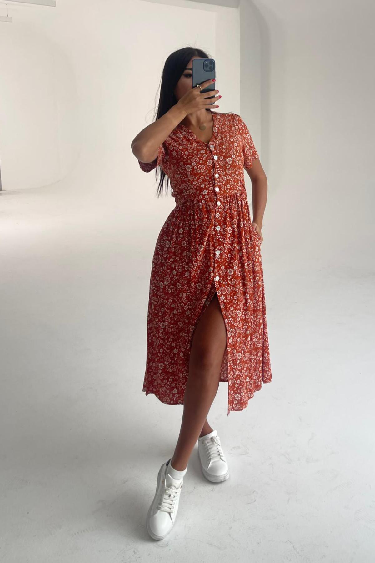 Women cotton midi dress floral wholesale Red color 693376