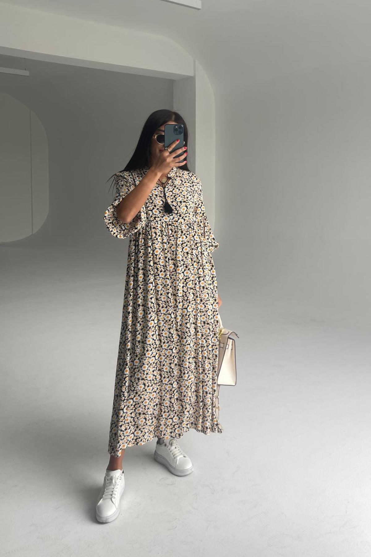 Women cotton midi dress floral wholesale Cream color 693378