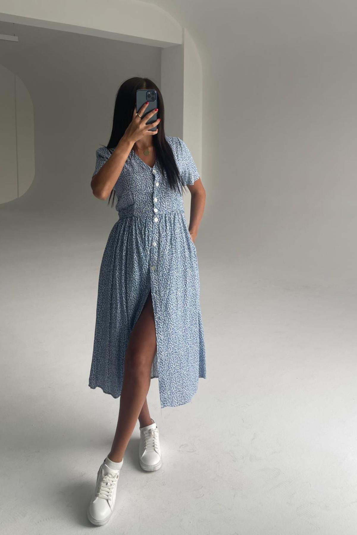 Women cotton midi dress floral wholesale Blue color 693377