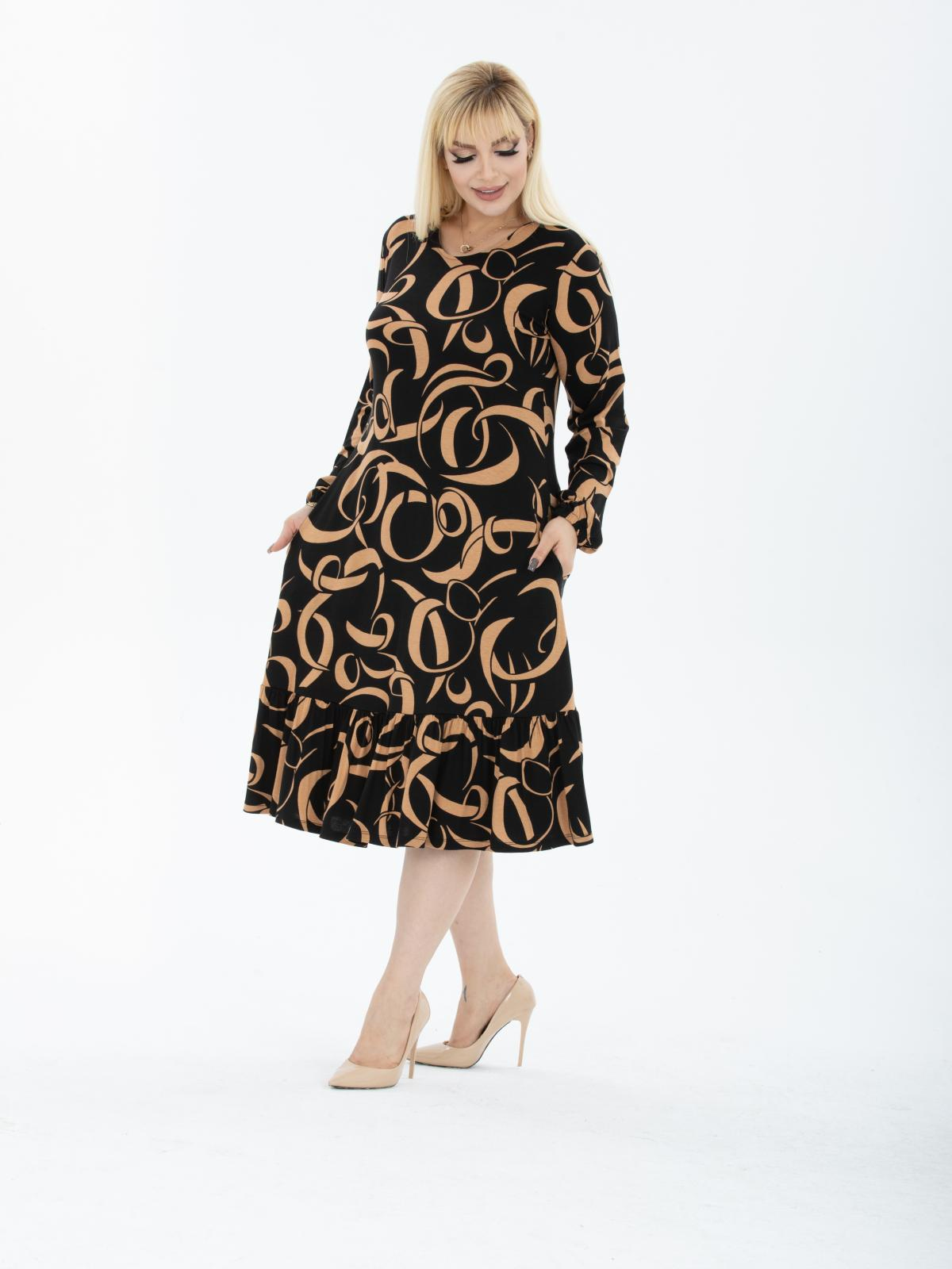 Women crew-neck patterned midi dress Big size wholesale Beige color 673996