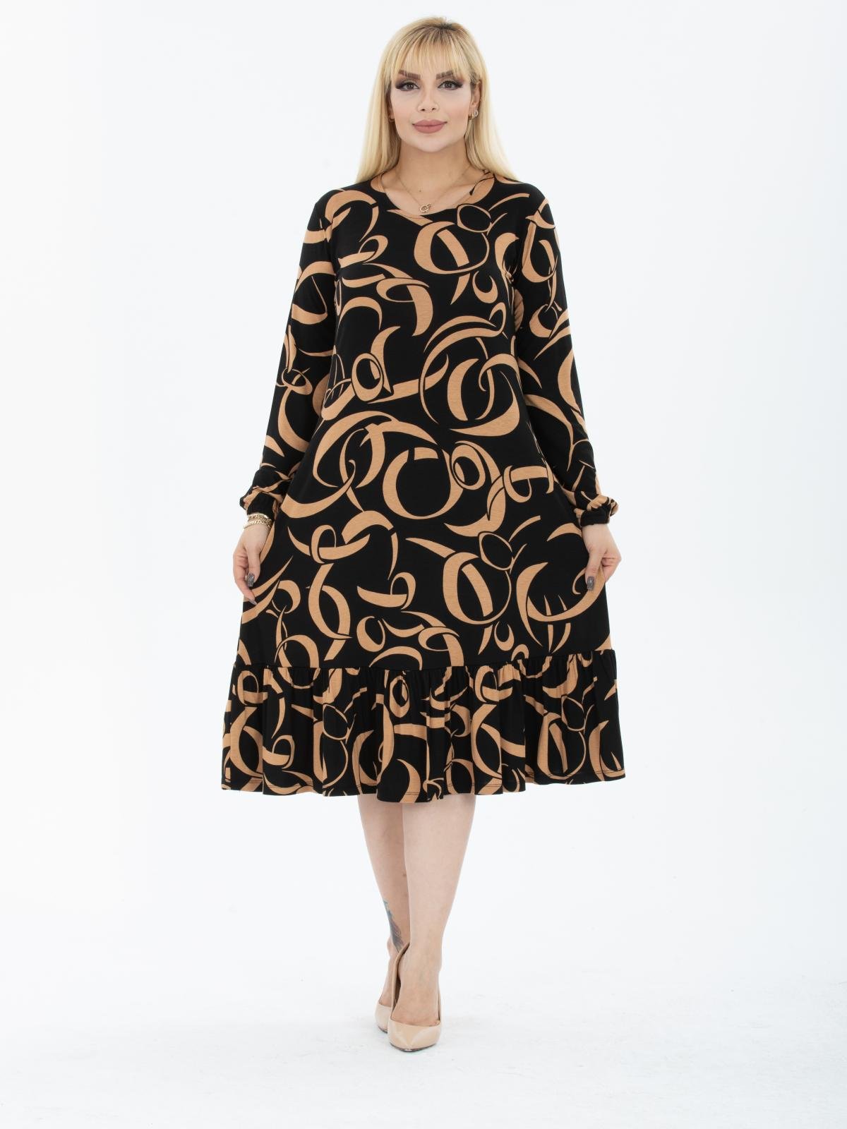 Women crew-neck patterned midi dress Big size wholesale Beige color 673996