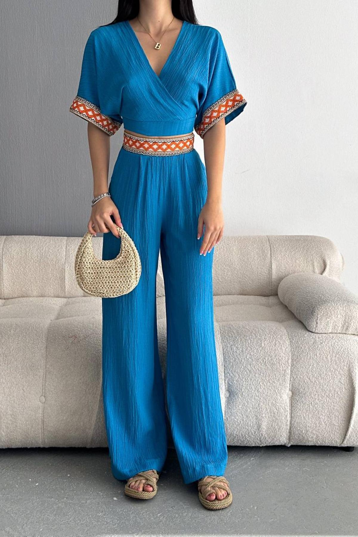 Women cropped blouse and flared pants set wholesale Azure Blue color 685064