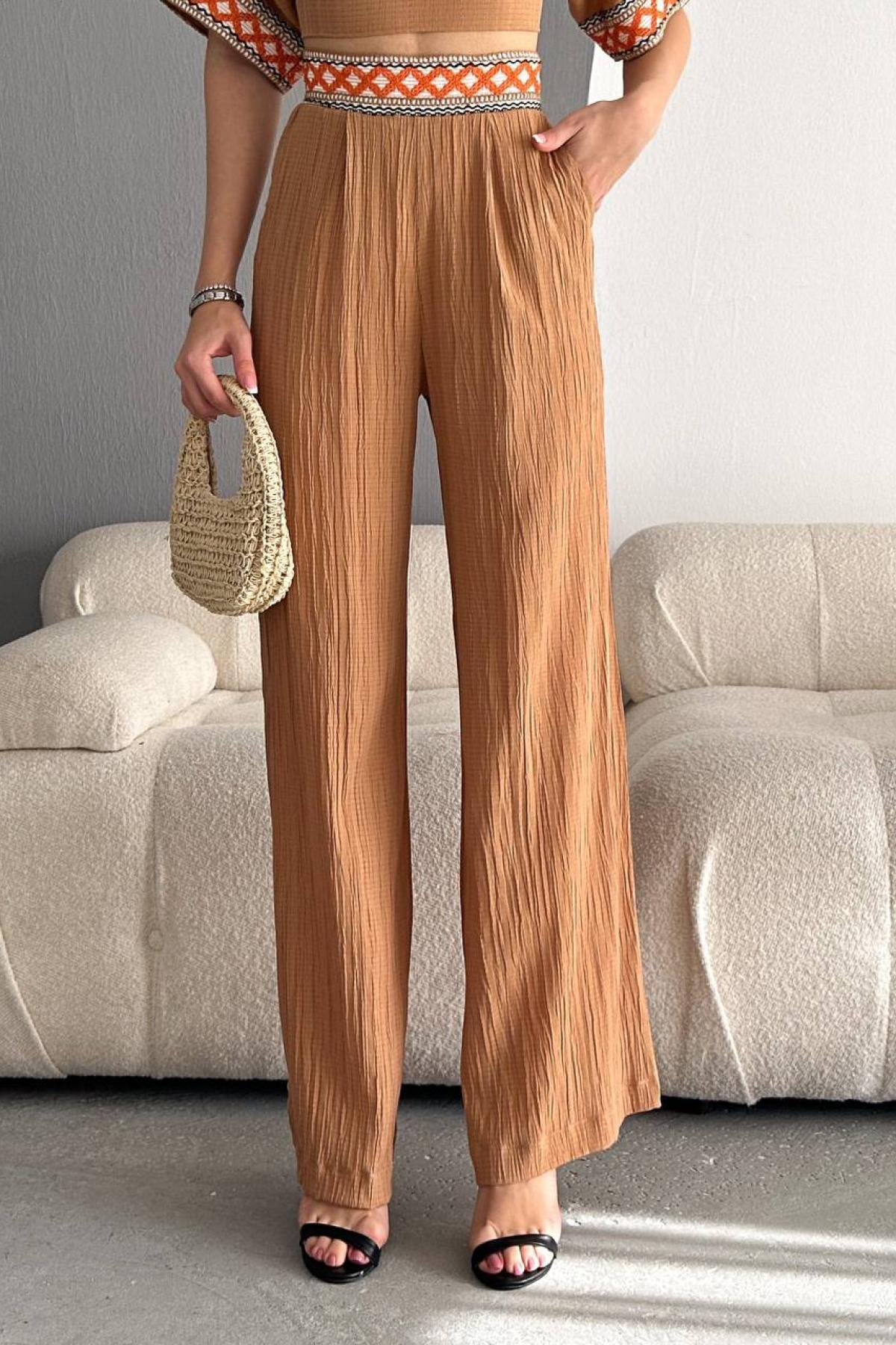 Women cropped blouse and flared pants set wholesale Camel color 685062
