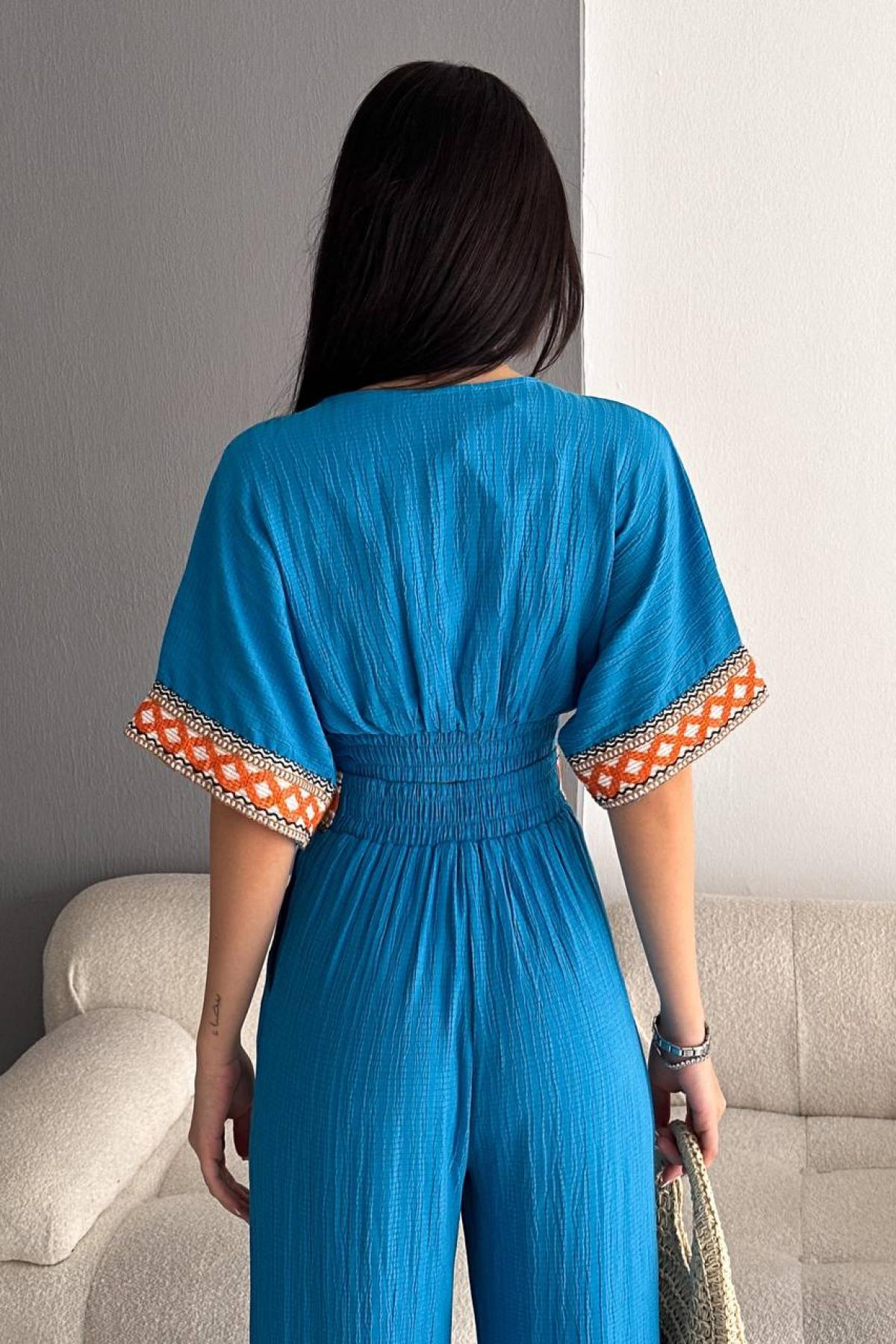 Women cropped blouse and flared pants set wholesale Azure Blue color 685064