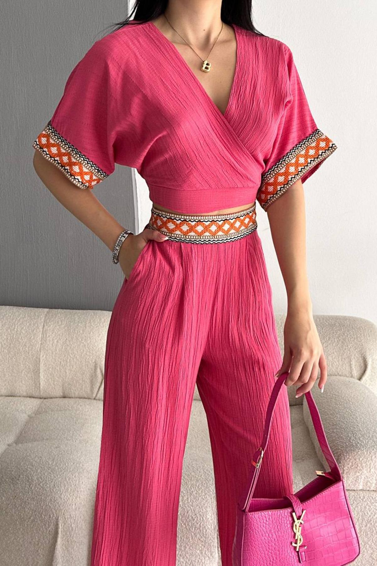 Women cropped blouse and flared pants set wholesale Fuchsia color 685063