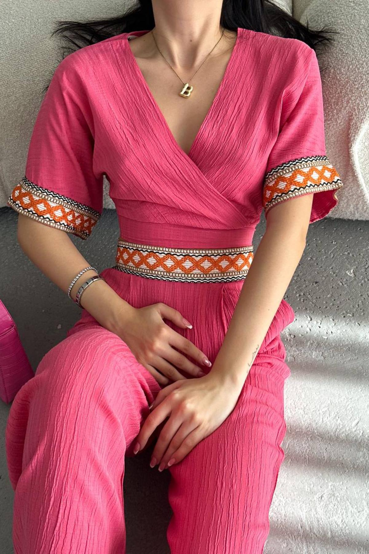 Women cropped blouse and flared pants set wholesale Fuchsia color 685063