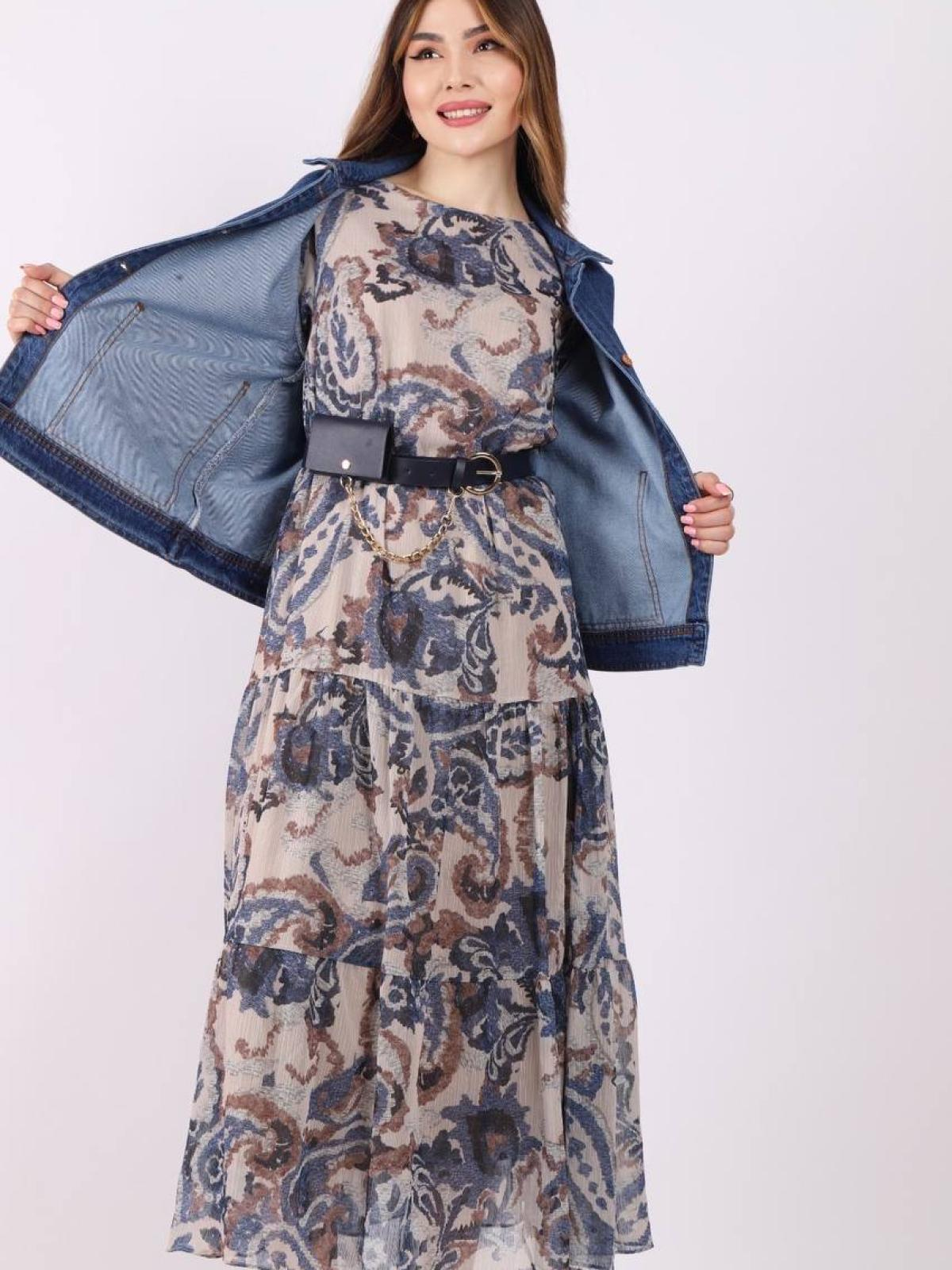Women denim jacket and chiffon midi dress wholesale Blue color