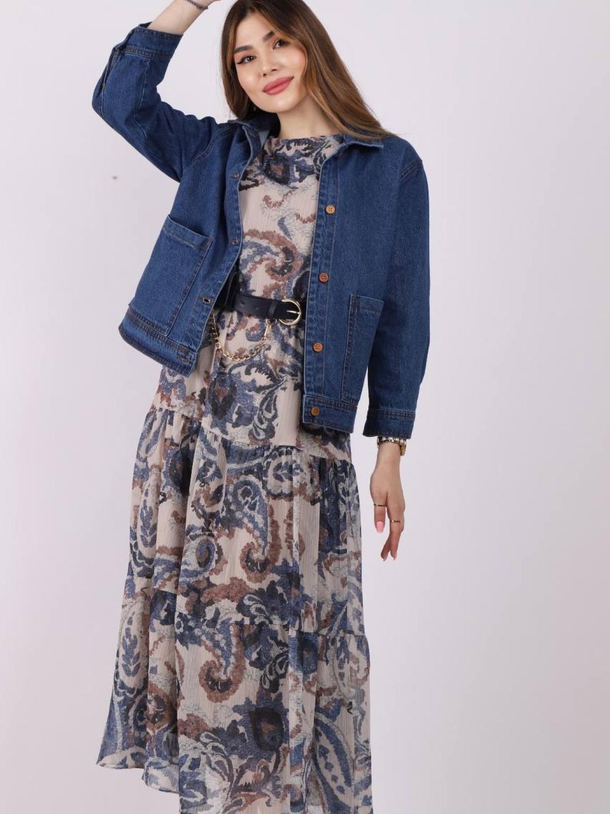 Women denim jacket and chiffon midi dress wholesale Blue color