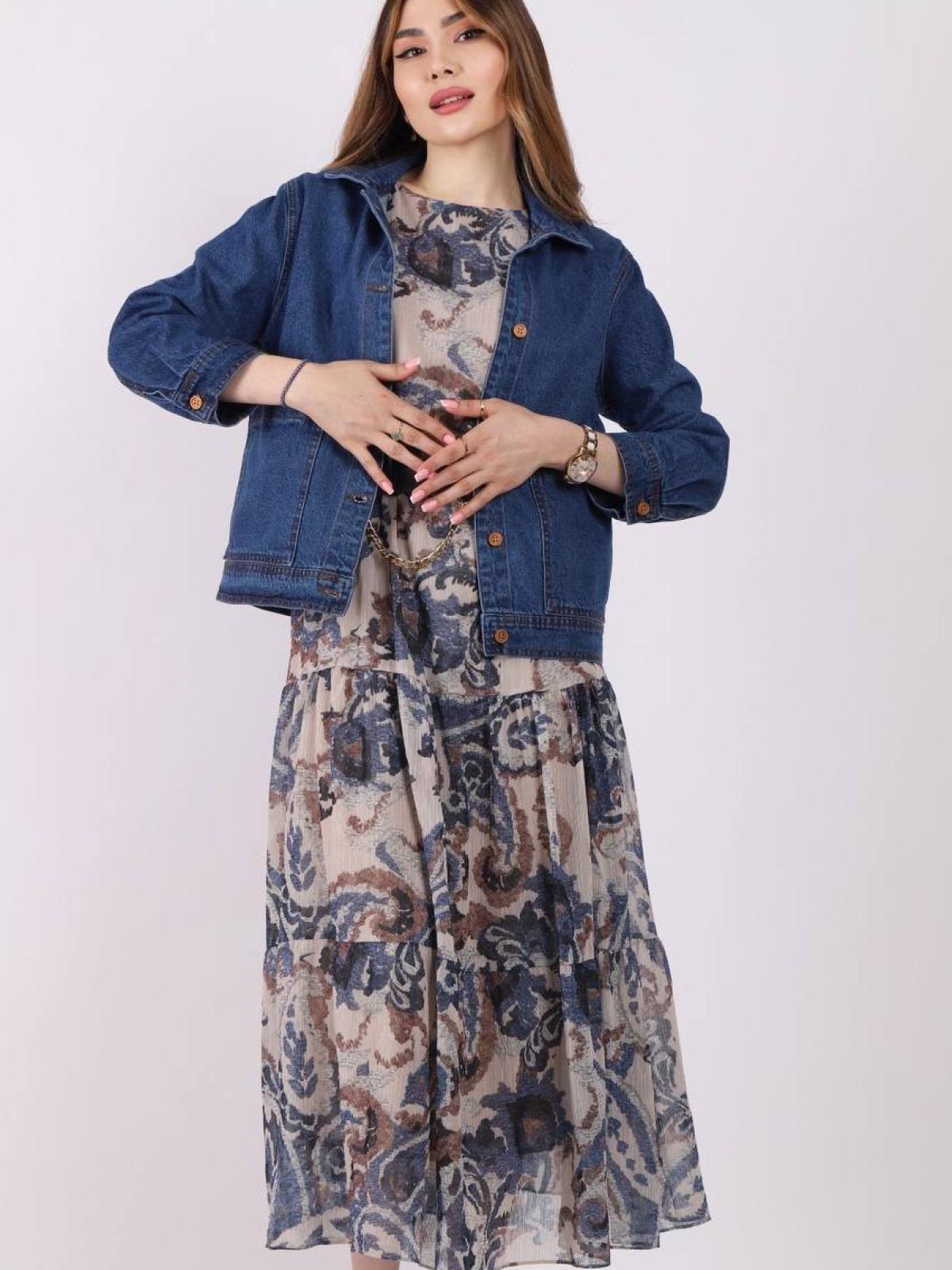Women denim jacket and chiffon midi dress Big size wholesale Blue color