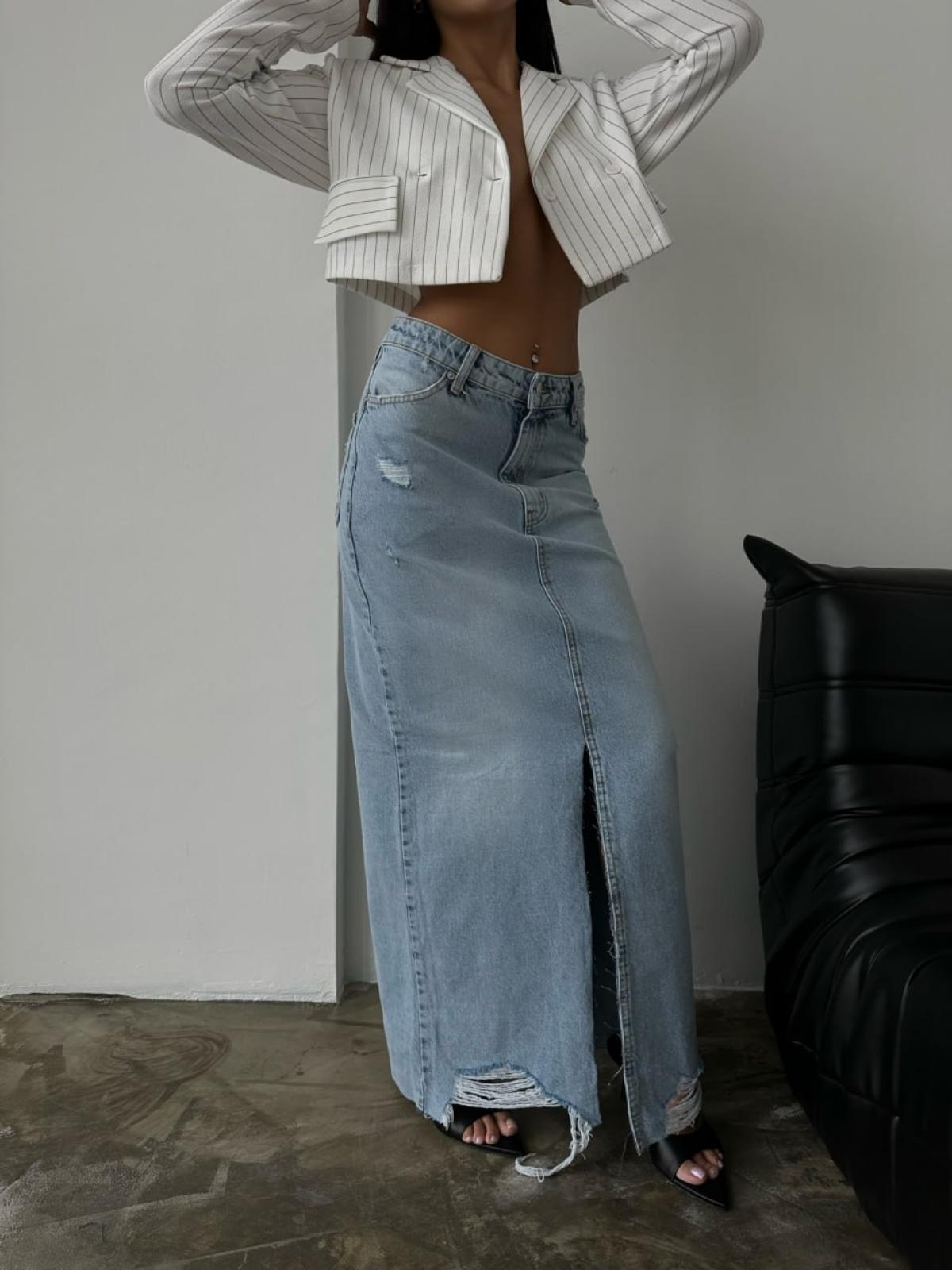 Women denim maxi skirt wholesale Light Blue color 671839