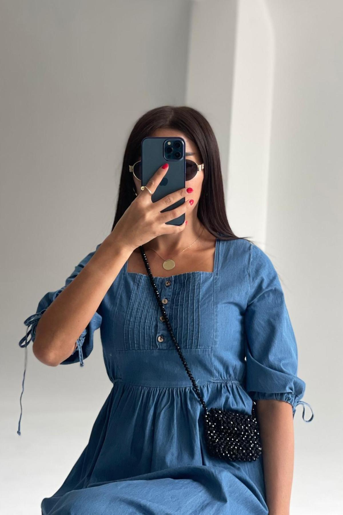 Women denim midi dress wholesale Blue color 693374