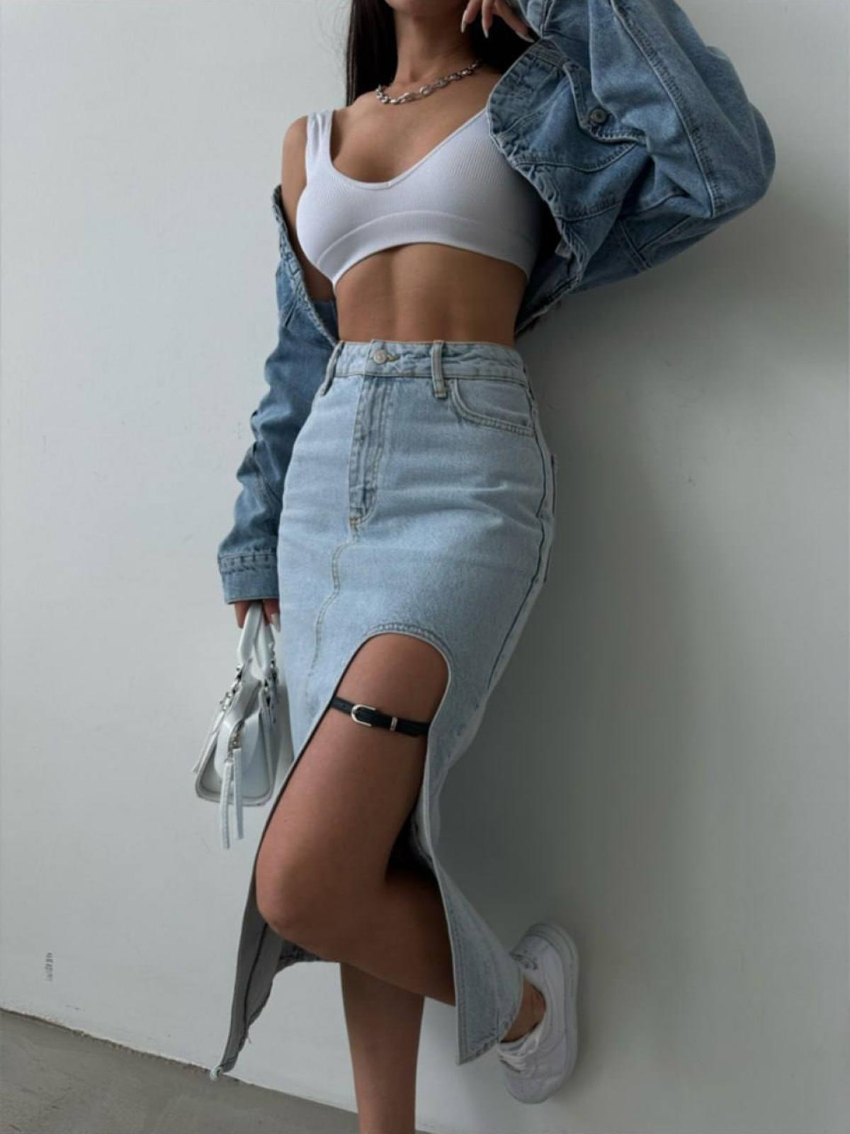 Women denim midi skirt with belt accessories wholesale Light Blue color