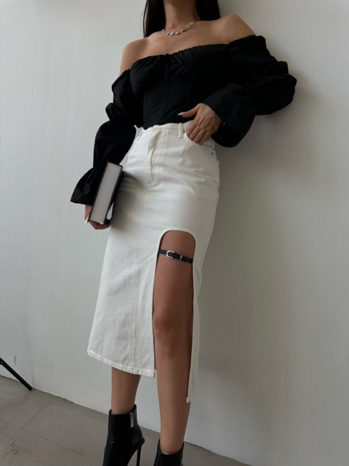 Women denim midi skirt with belt accessories wholesale Cream color