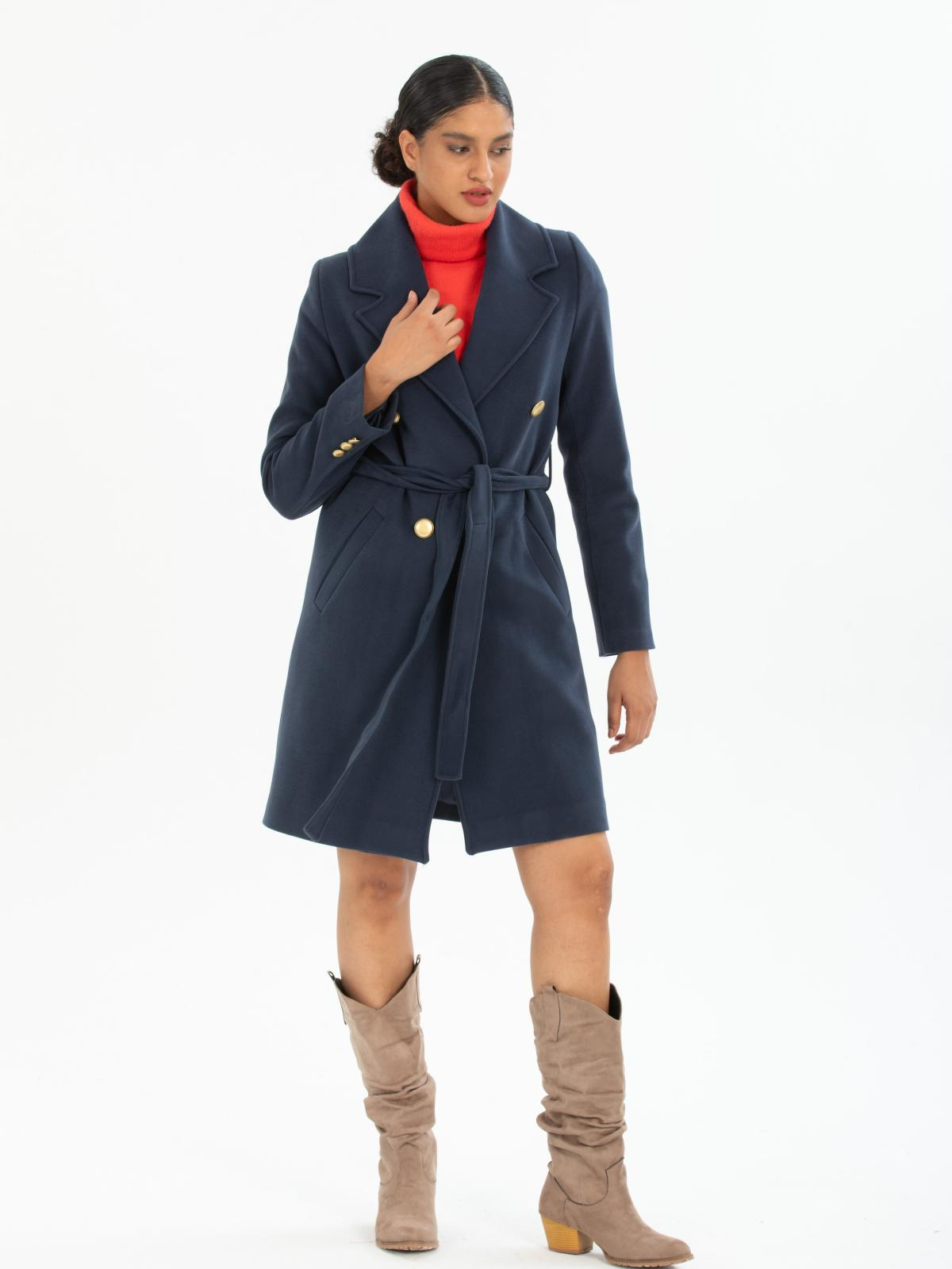 Women four-buttons coat with belt wholesale Navy color 669523