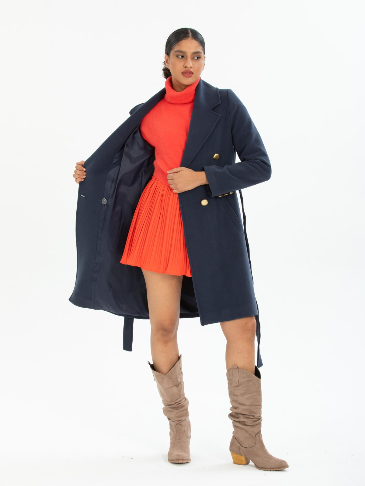 Women four-buttons coat with belt wholesale Navy color 669523