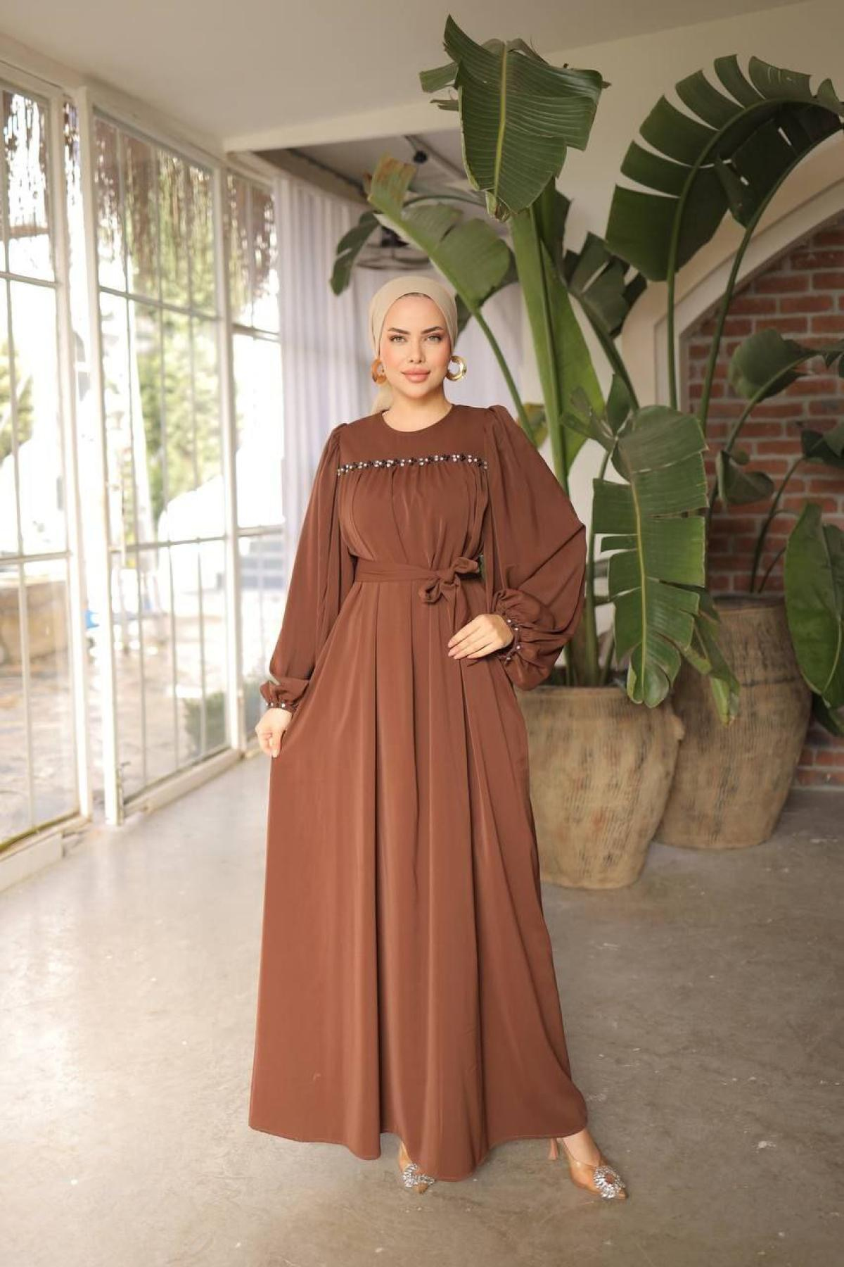 Women hijab maxi dress wholesale Brown color 697437