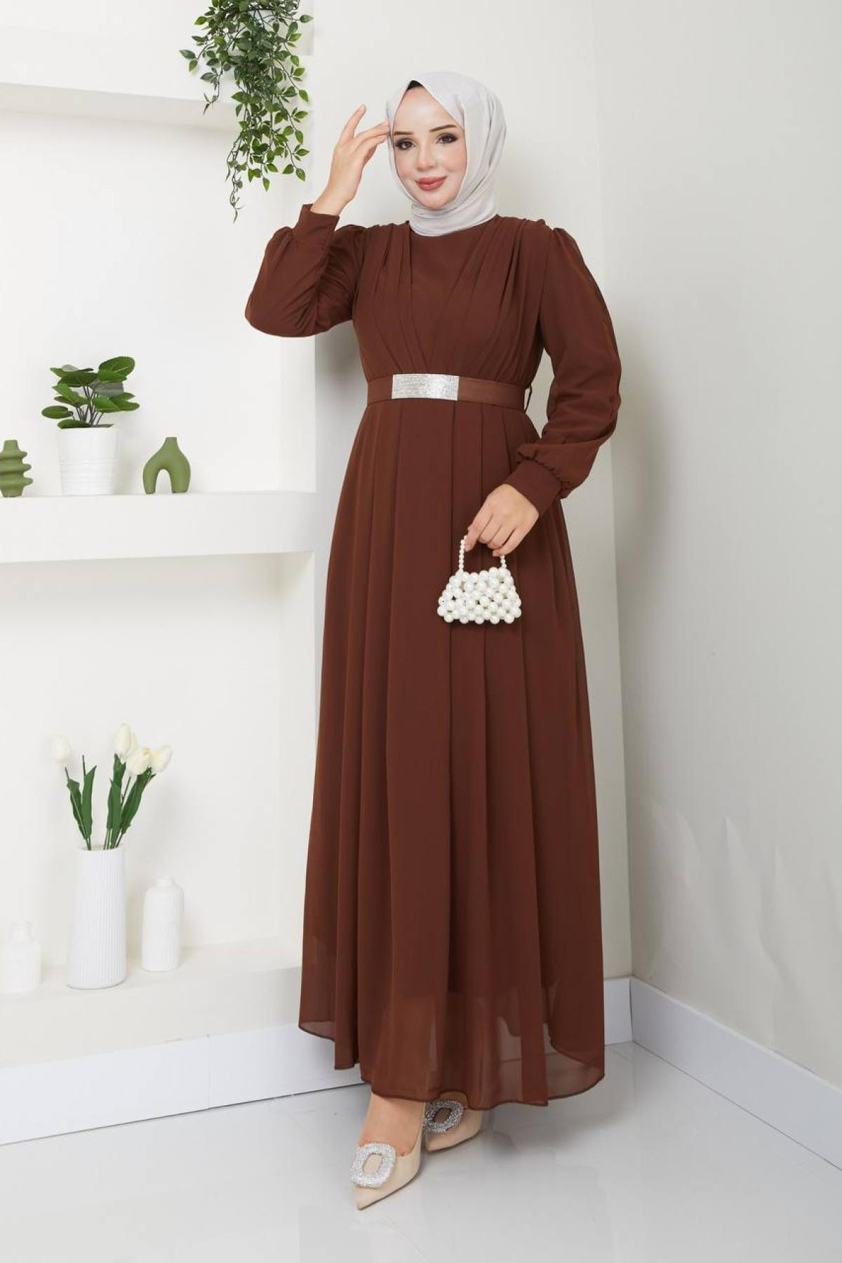 Women hijab maxi dress wholesale Brown color 696134
