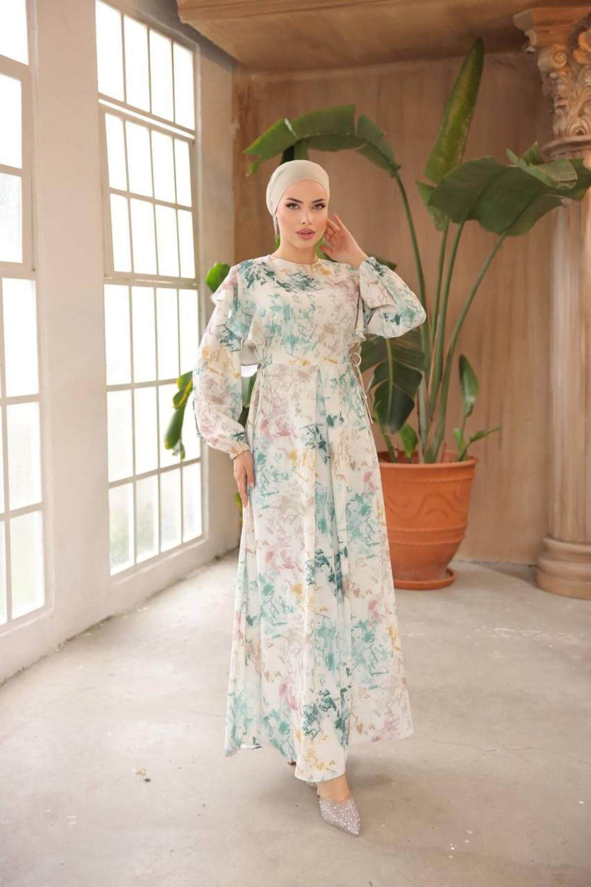 Women hijab maxi dress wholesale Green color 697378
