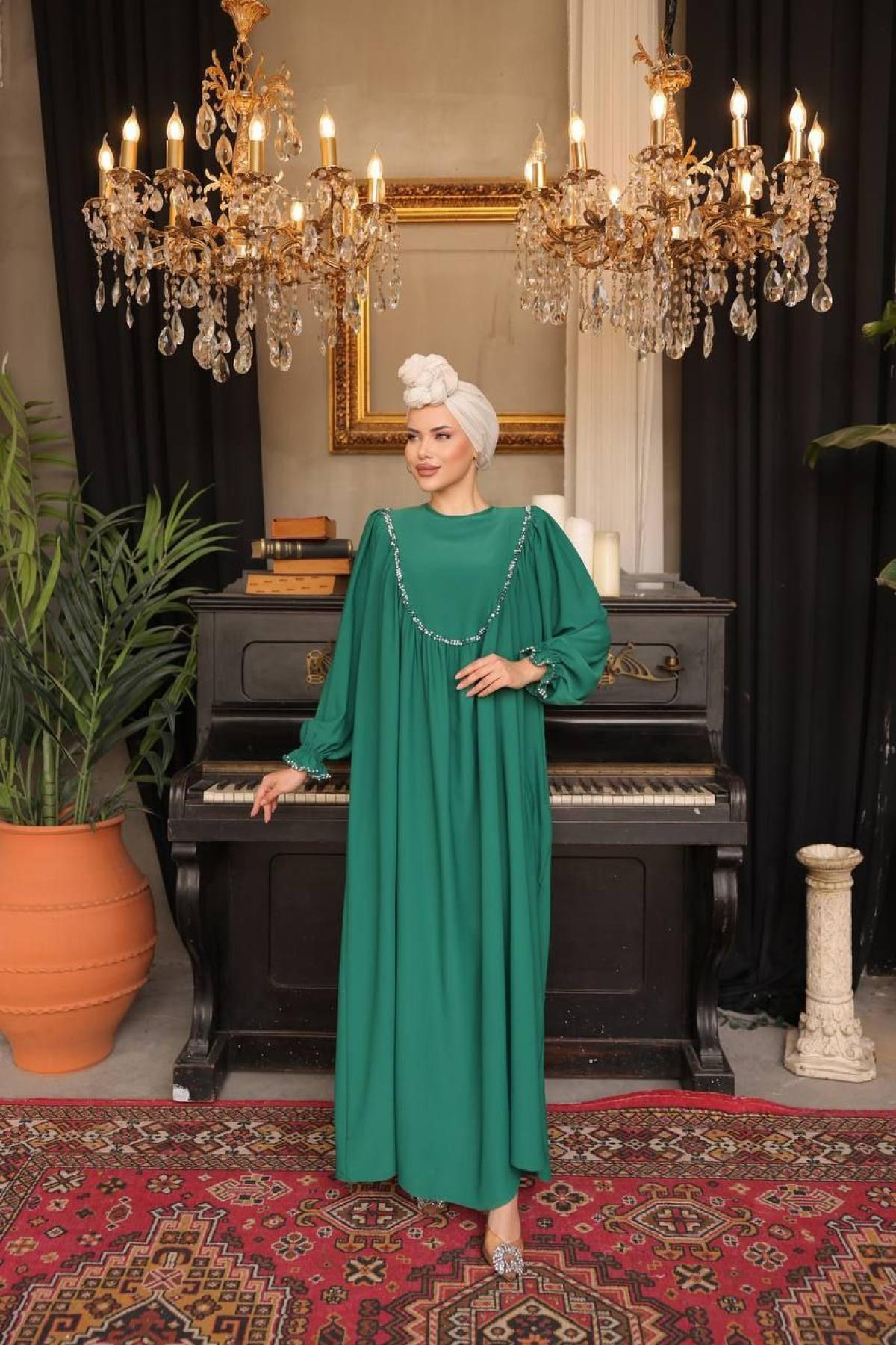 Women hijab maxi dress wholesale Green color 697470