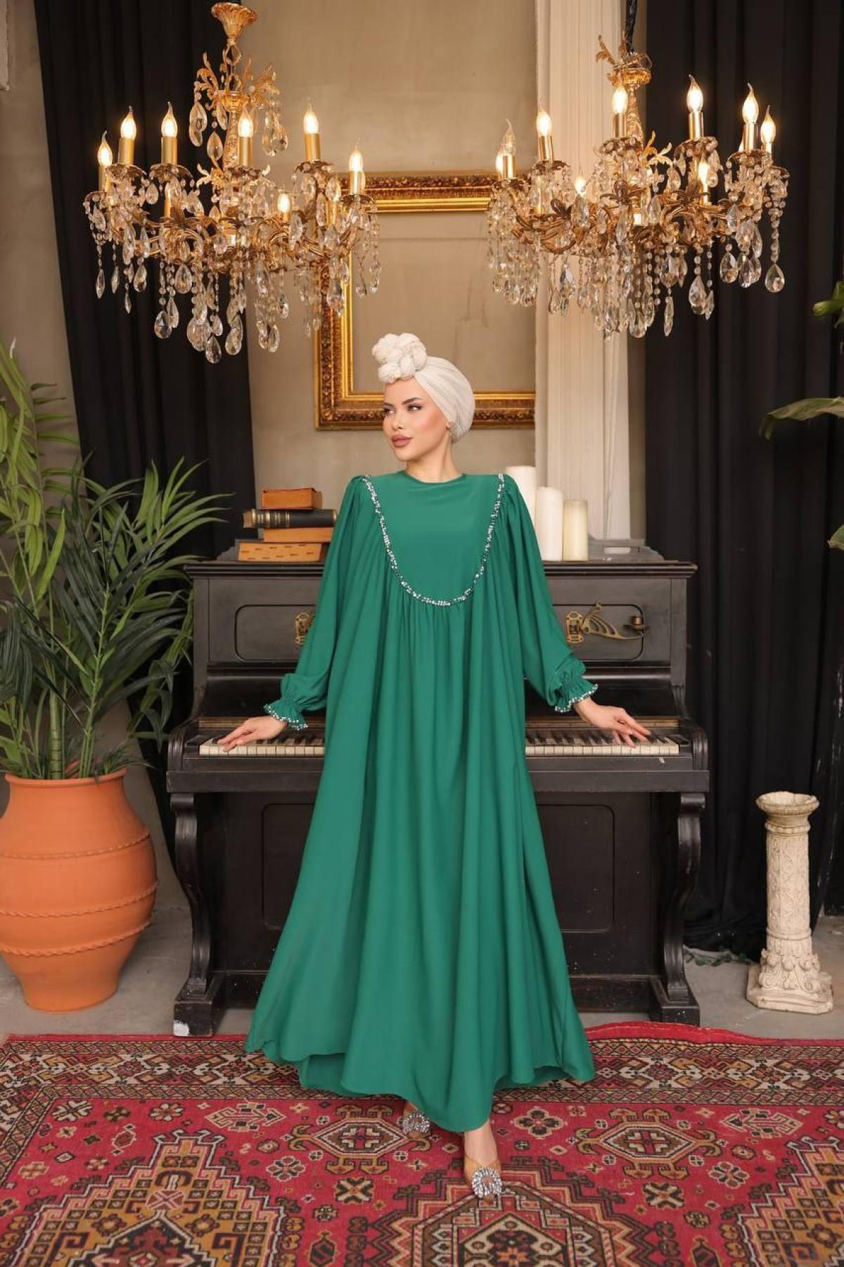 Women hijab maxi dress wholesale Green color 697470