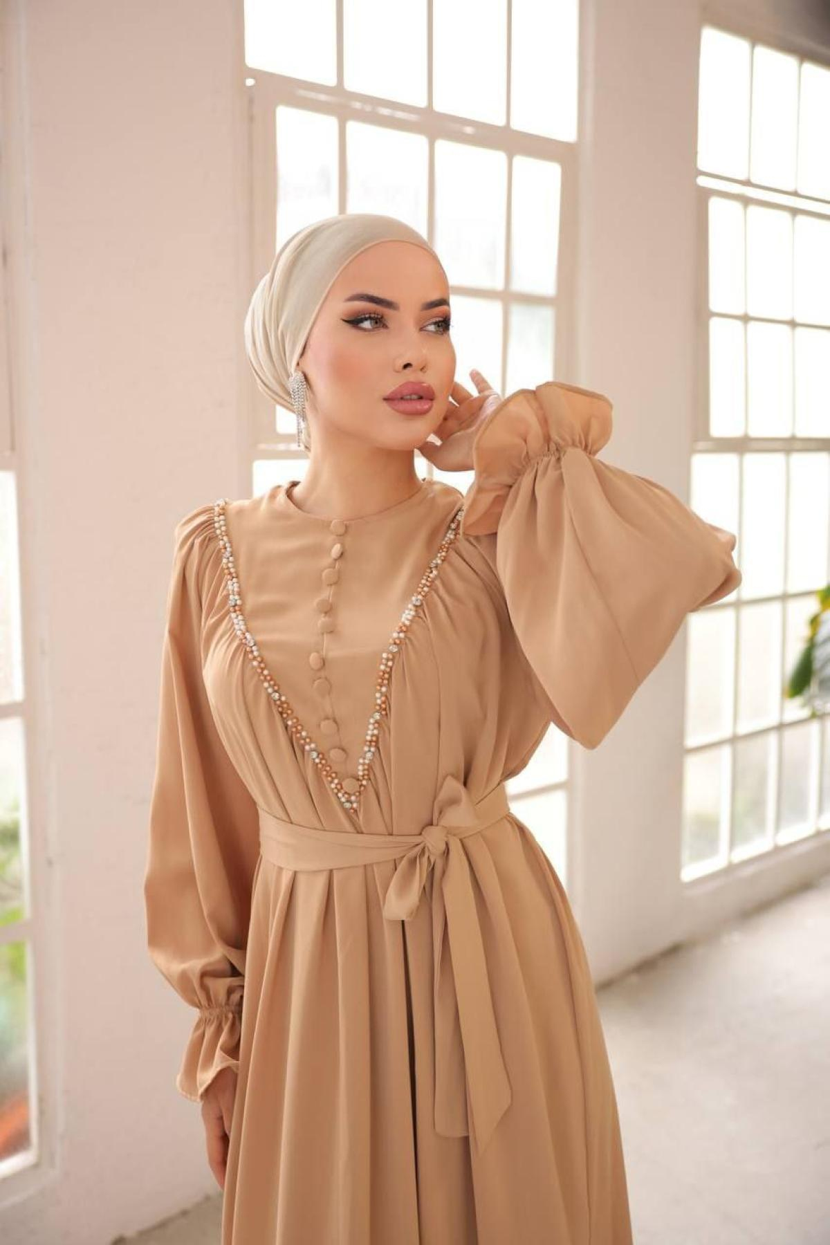 Women hijab maxi dress wholesale Light brown color 697444