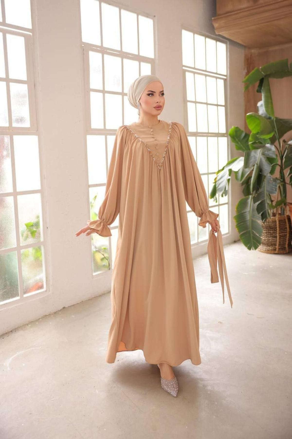 Women hijab maxi dress wholesale Light brown color 697444
