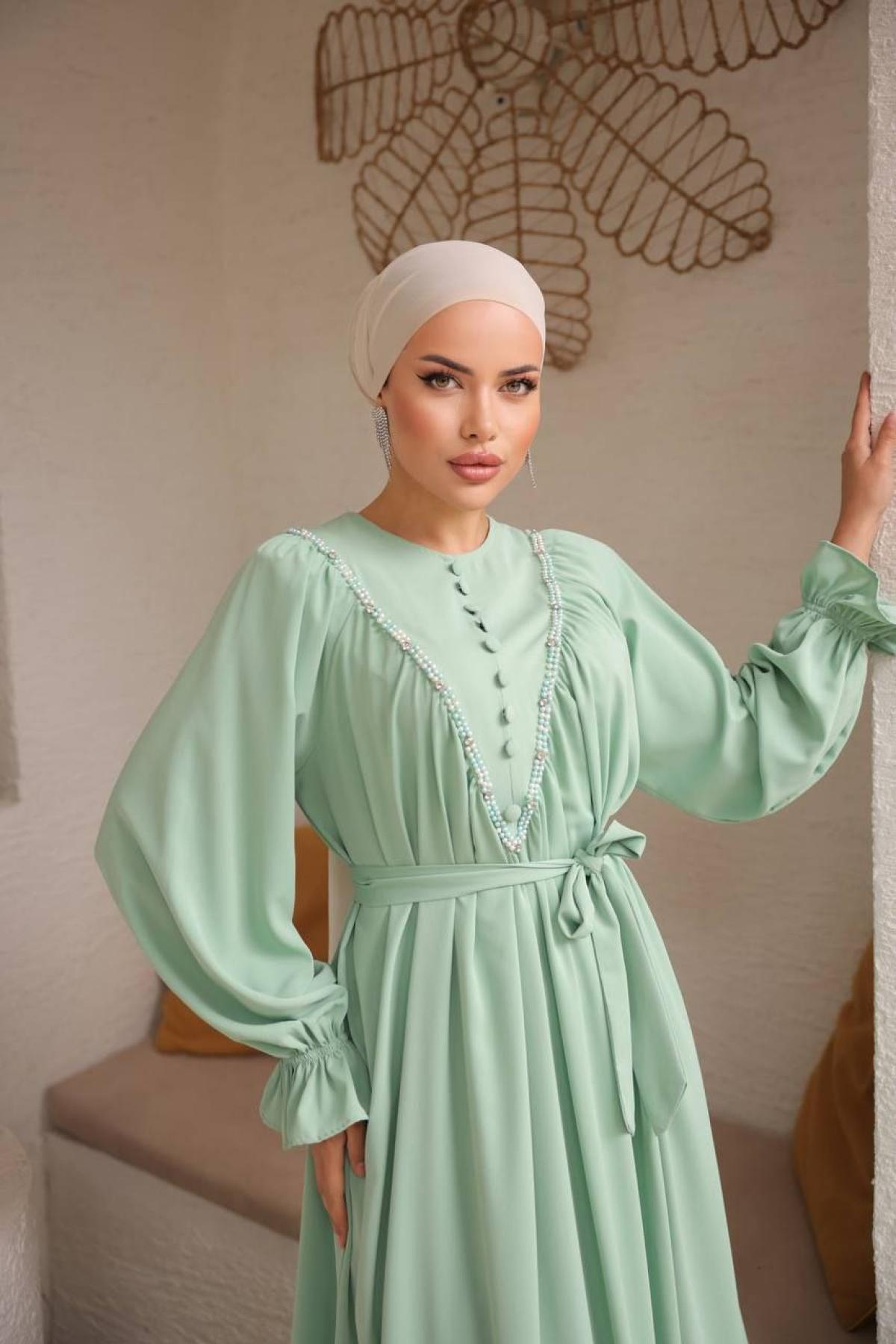 Women hijab maxi dress wholesale Light green color 697448