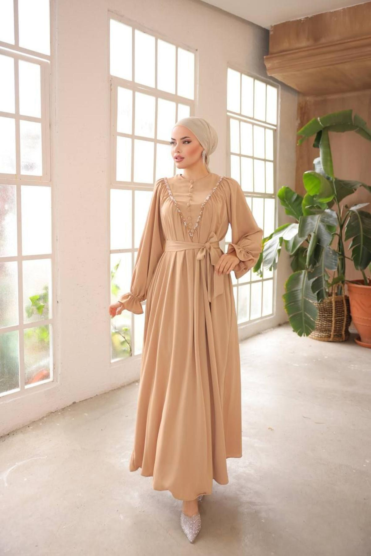 Women hijab maxi dress wholesale Light brown color 697444
