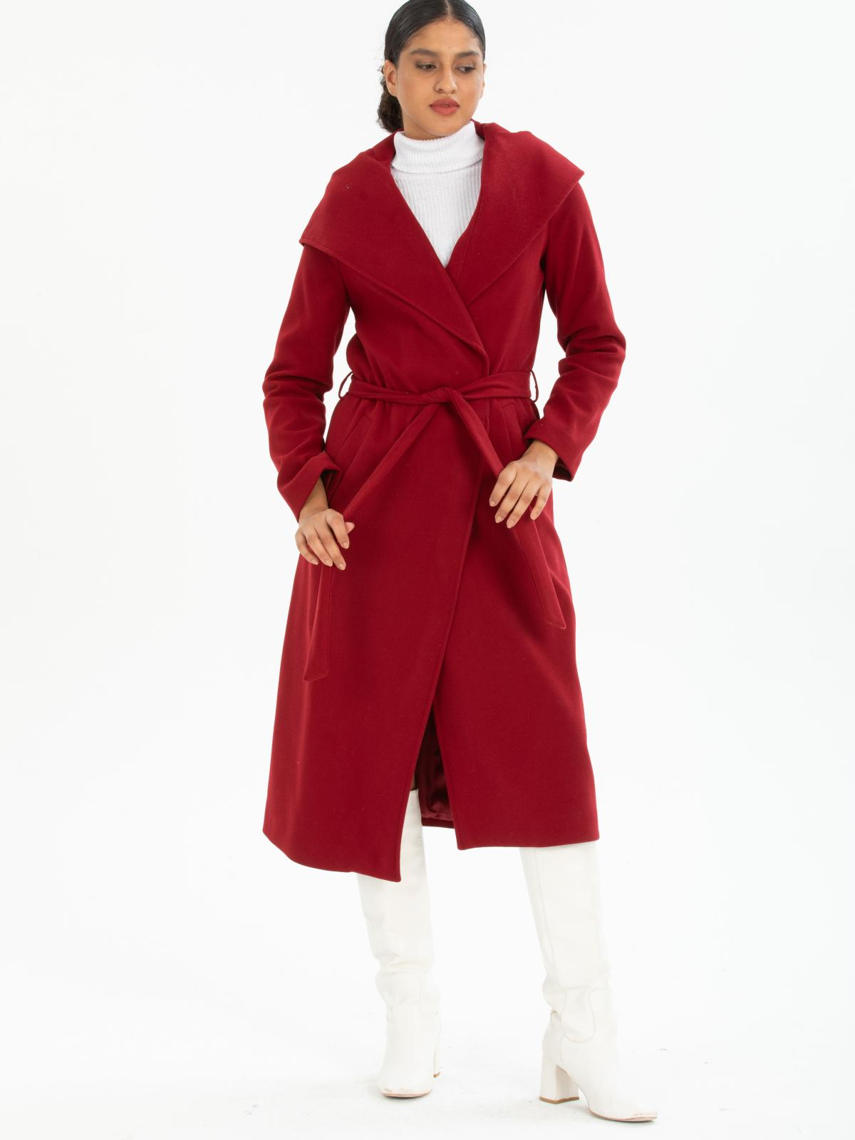 Women hooded coat with belt wholesale Burgundy color 670500