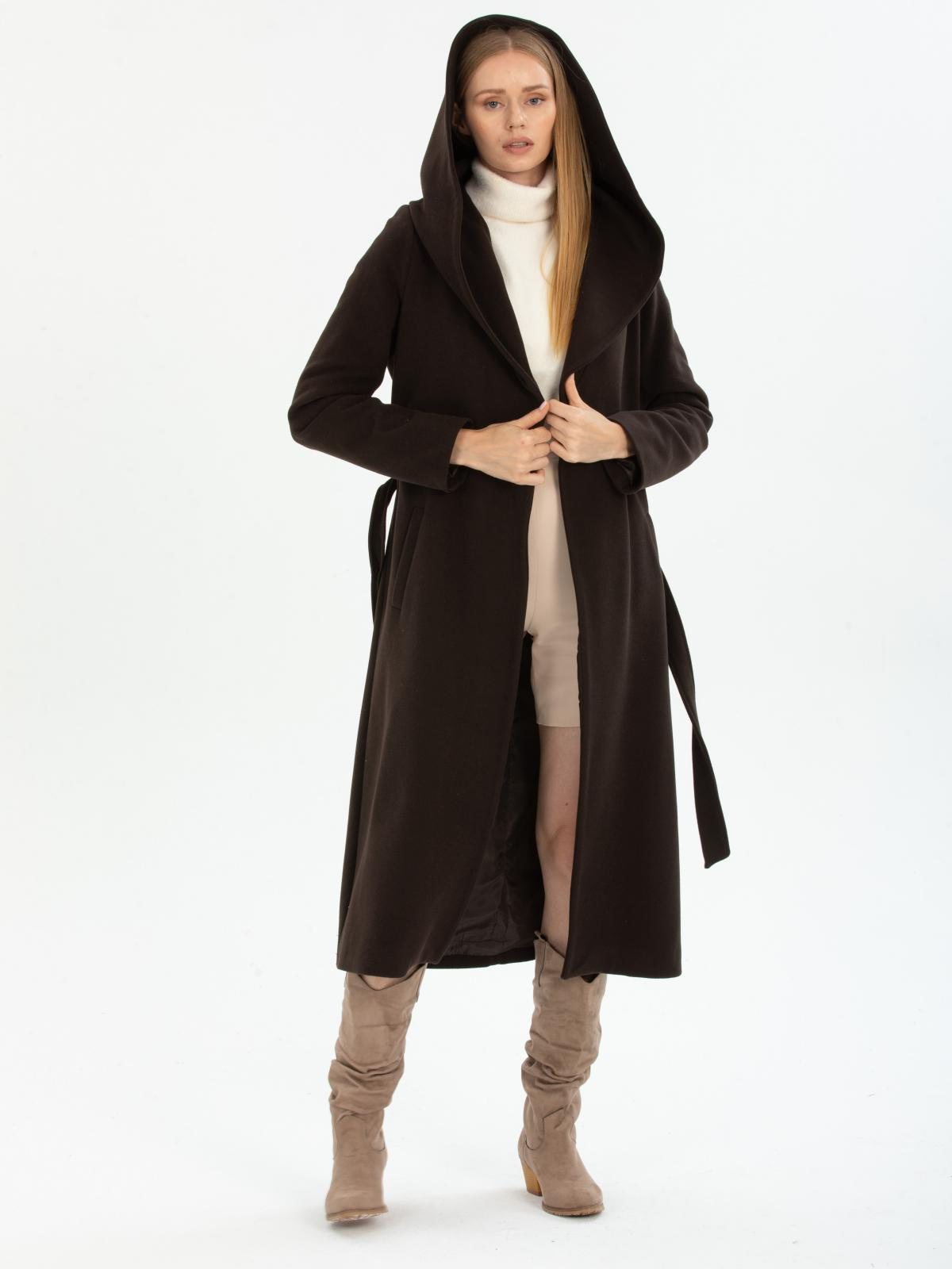 Women hooded coat with belt wholesale Dark Brown color 670472