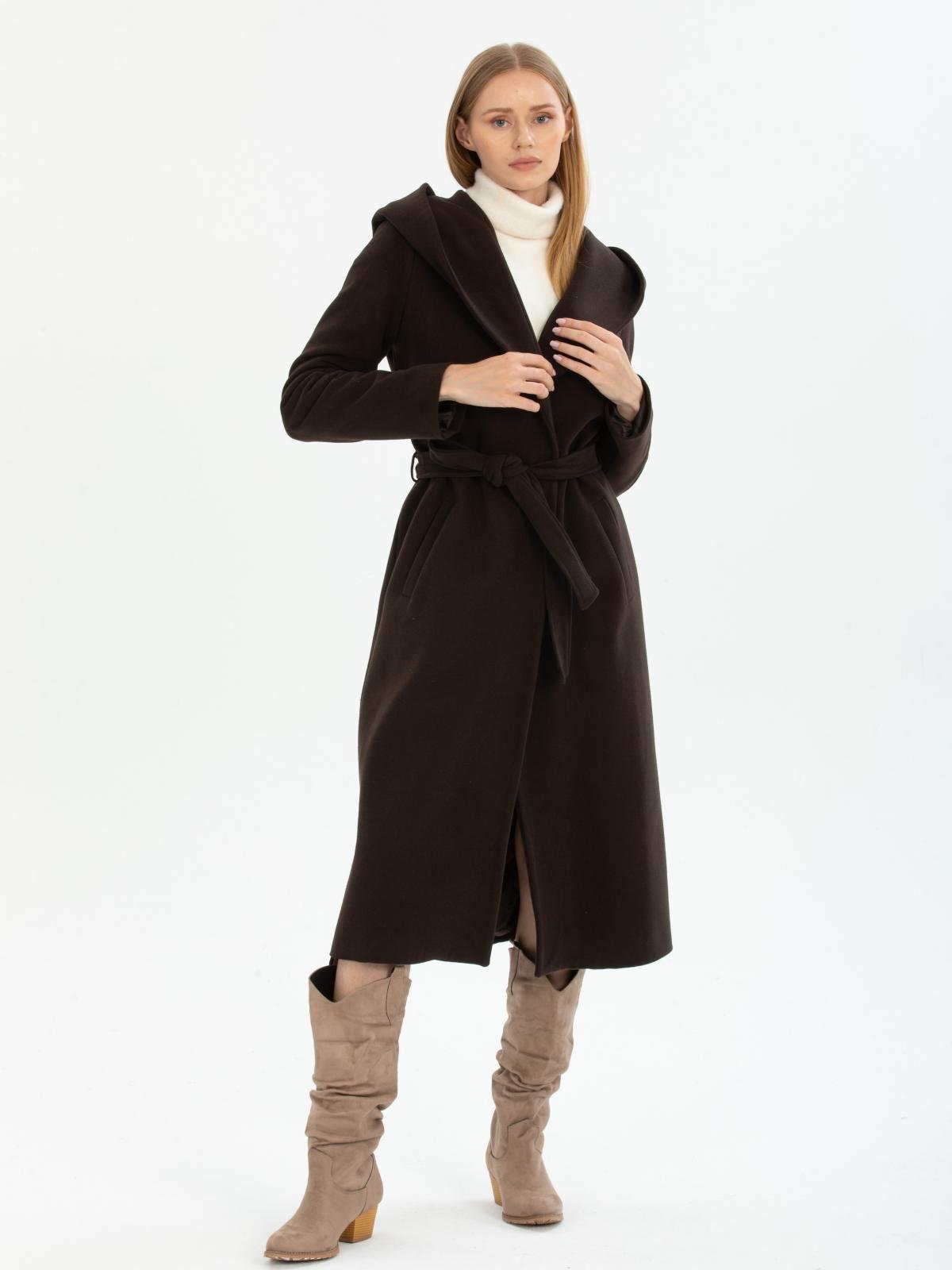 Women hooded coat with belt wholesale Dark Brown color 670472