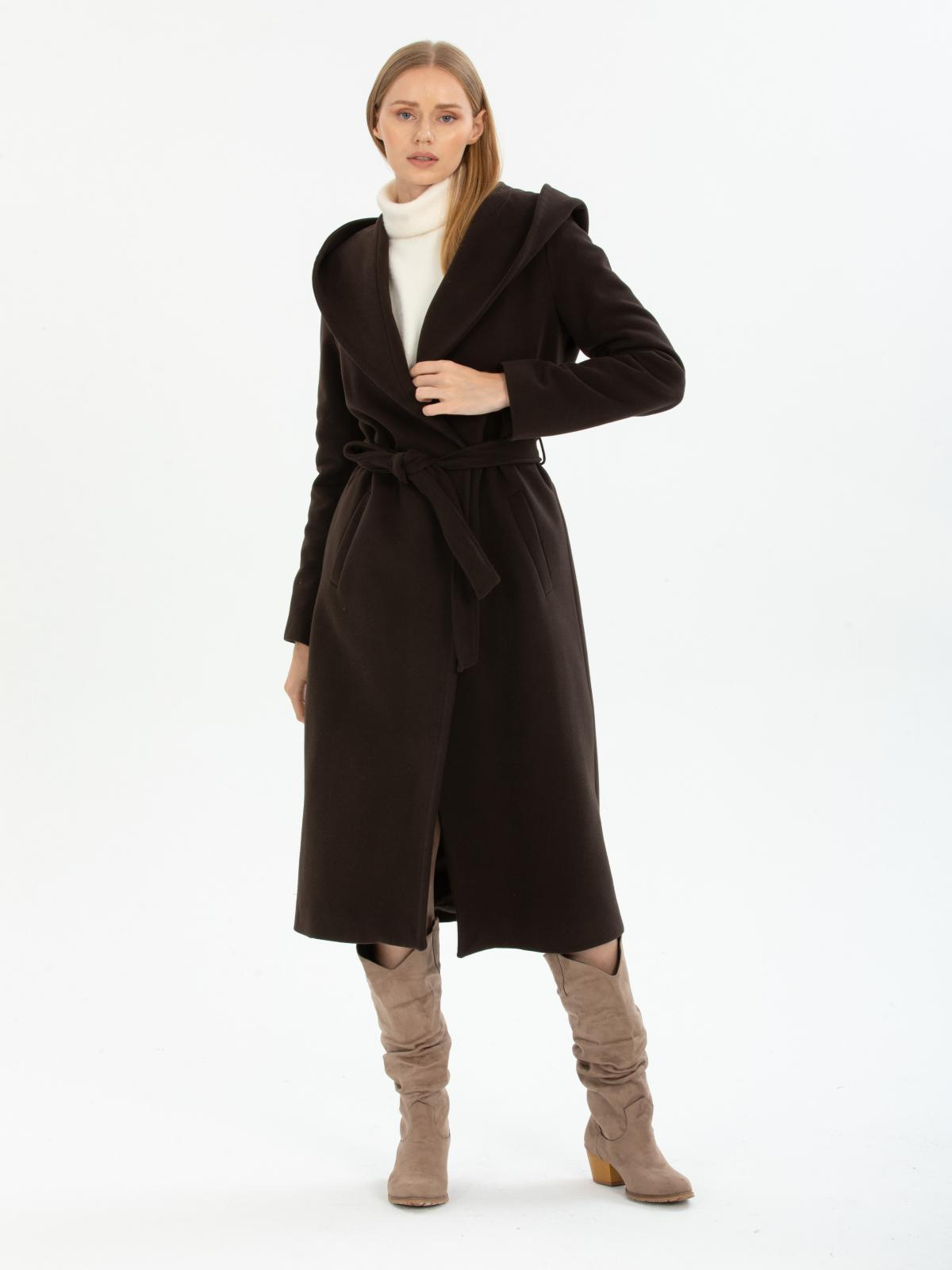 Women hooded coat with belt wholesale Dark Brown color 670472