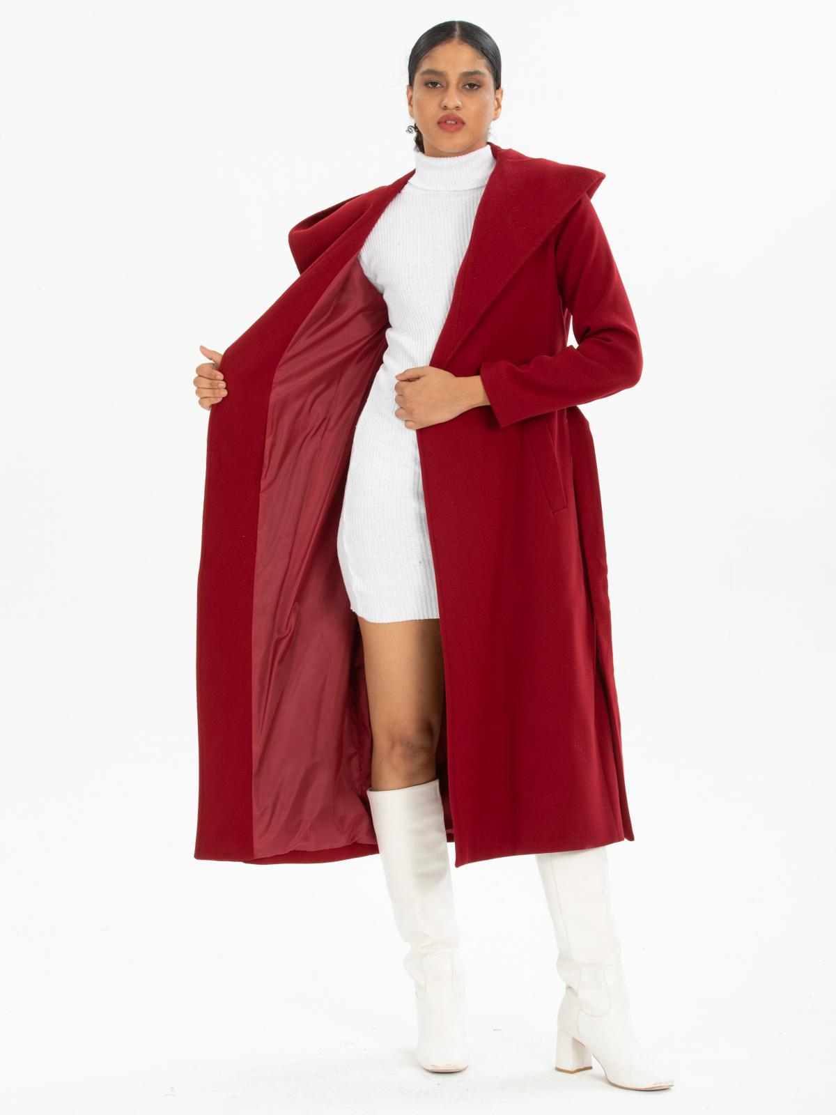 Women hooded coat with belt wholesale Burgundy color 670500