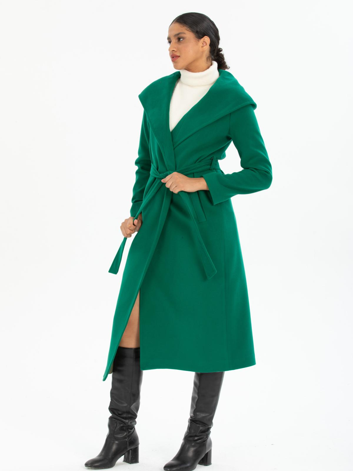 Women hooded coat with belt wholesale Green color 670499