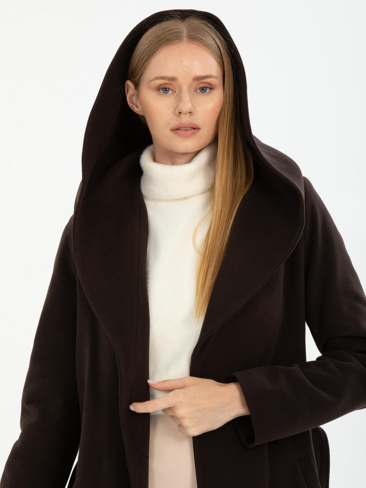 Women hooded coat with belt wholesale Dark Brown color 670472