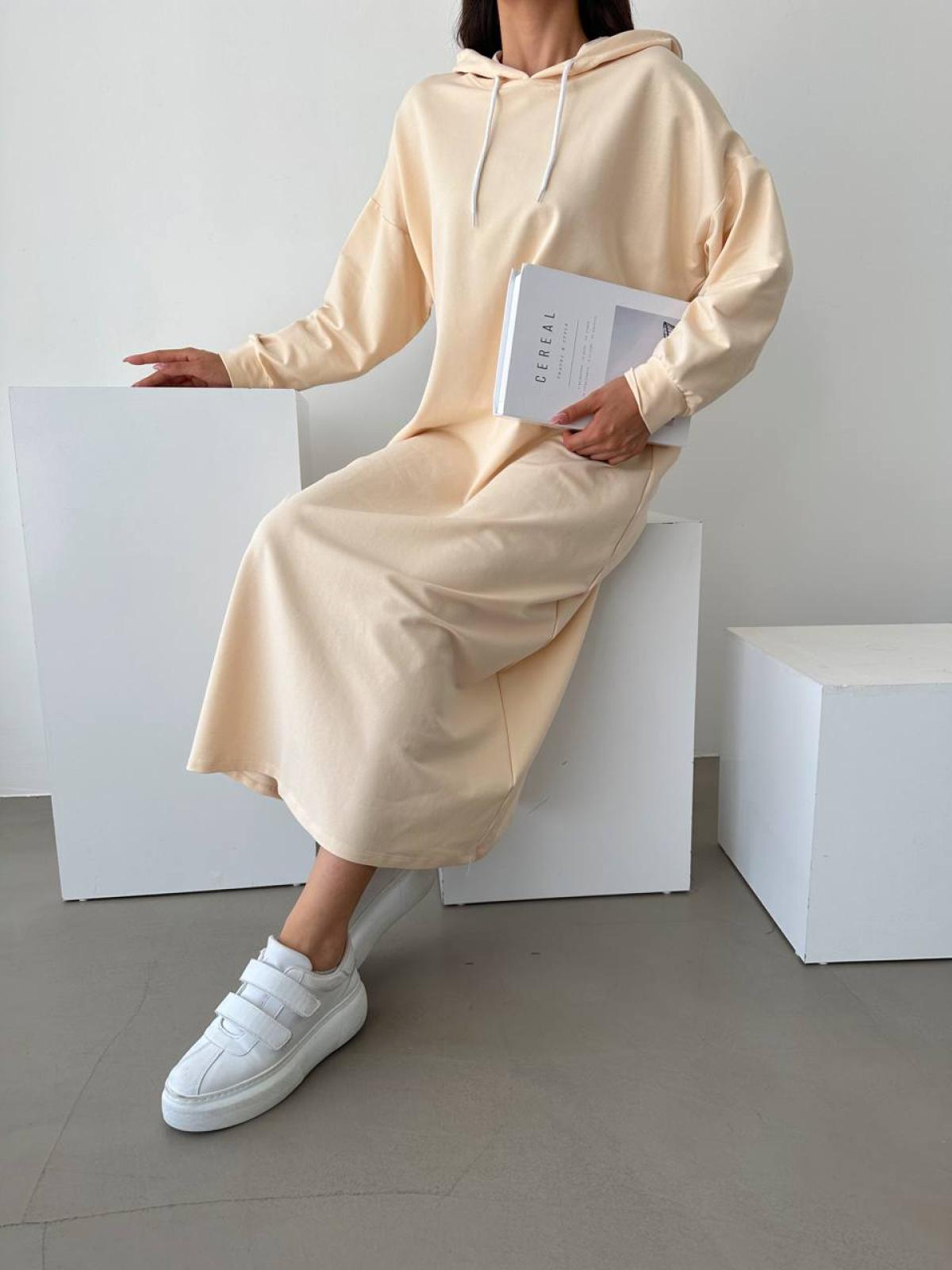 Women hooded long-sleeve midi dress wholesale Cream color