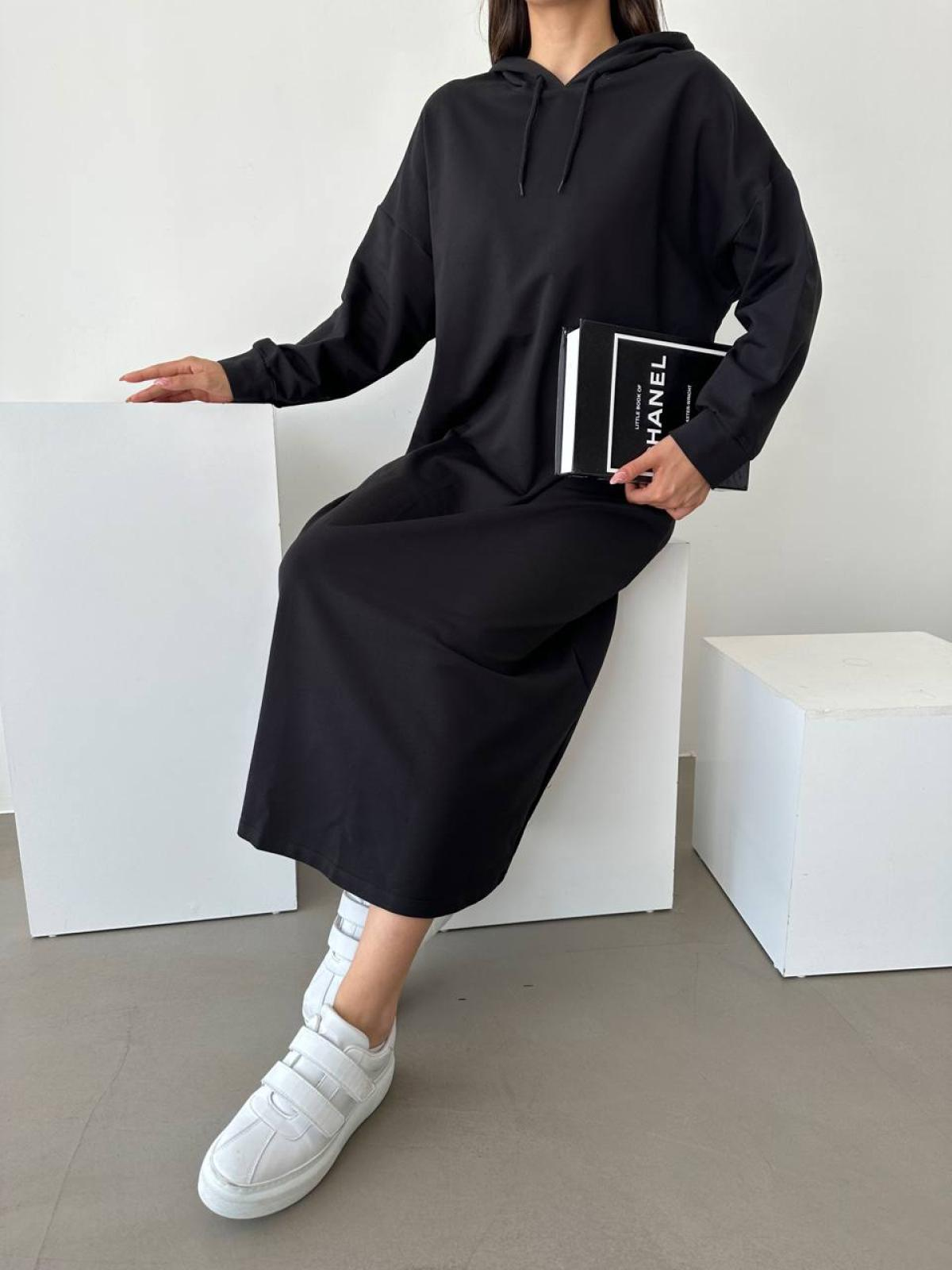 Women hooded long-sleeve midi dress wholesale Black color