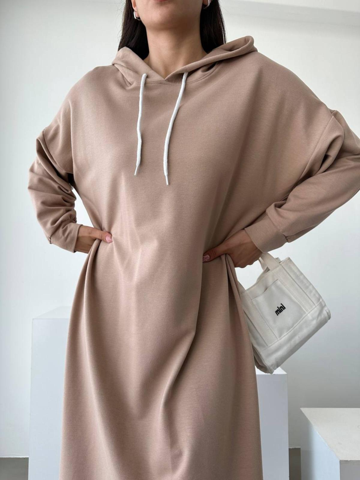 Women hooded long-sleeve midi dress wholesale Beige color