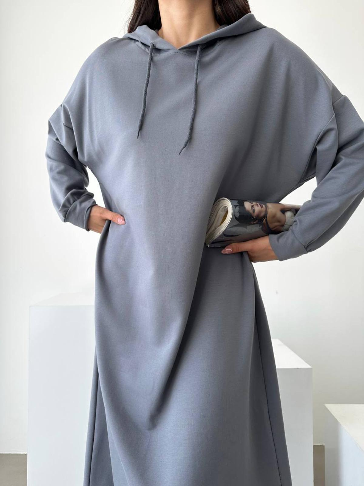 Women hooded long-sleeve midi dress wholesale Gray color