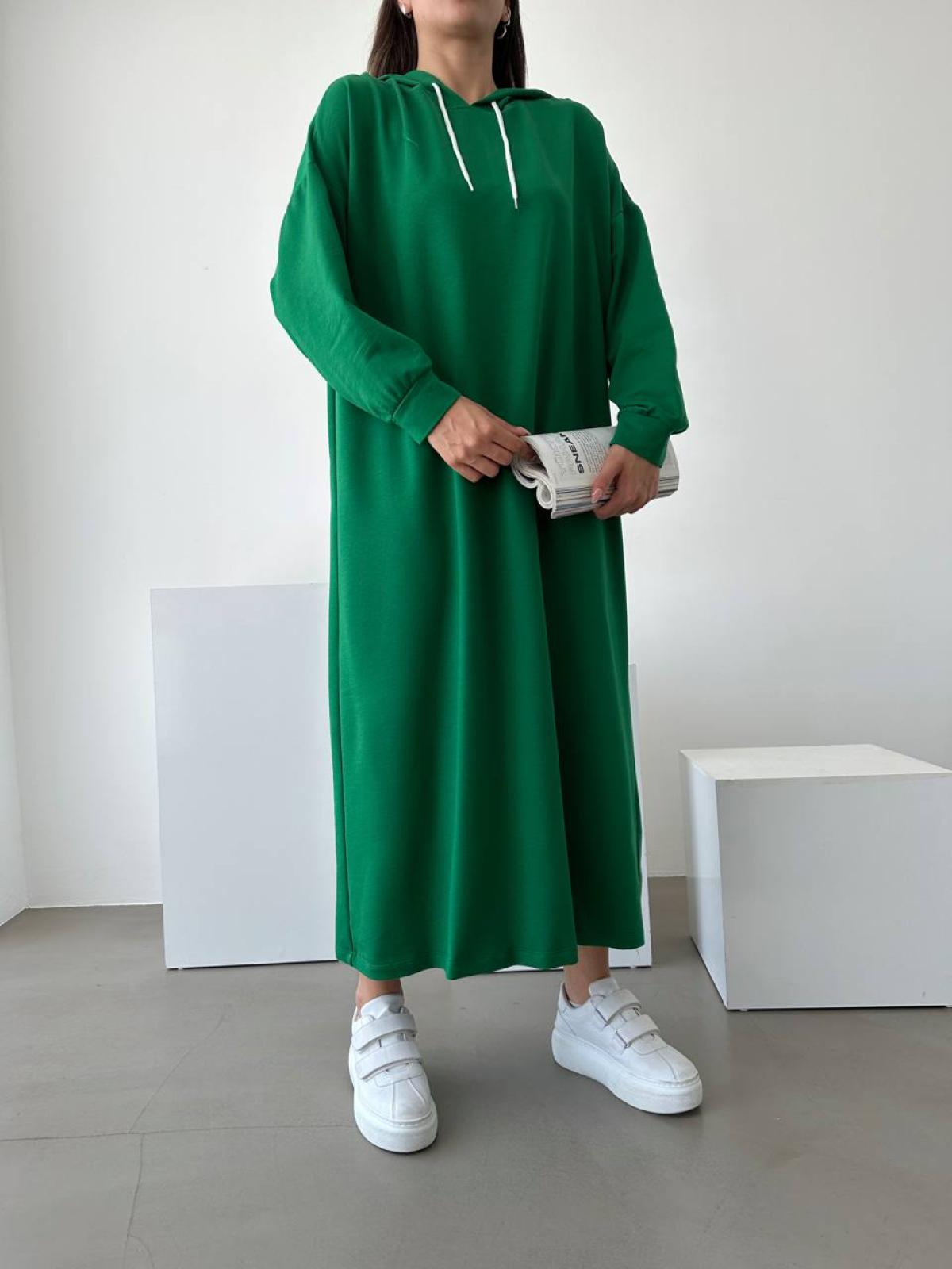 Women hooded long-sleeve midi dress wholesale Green color
