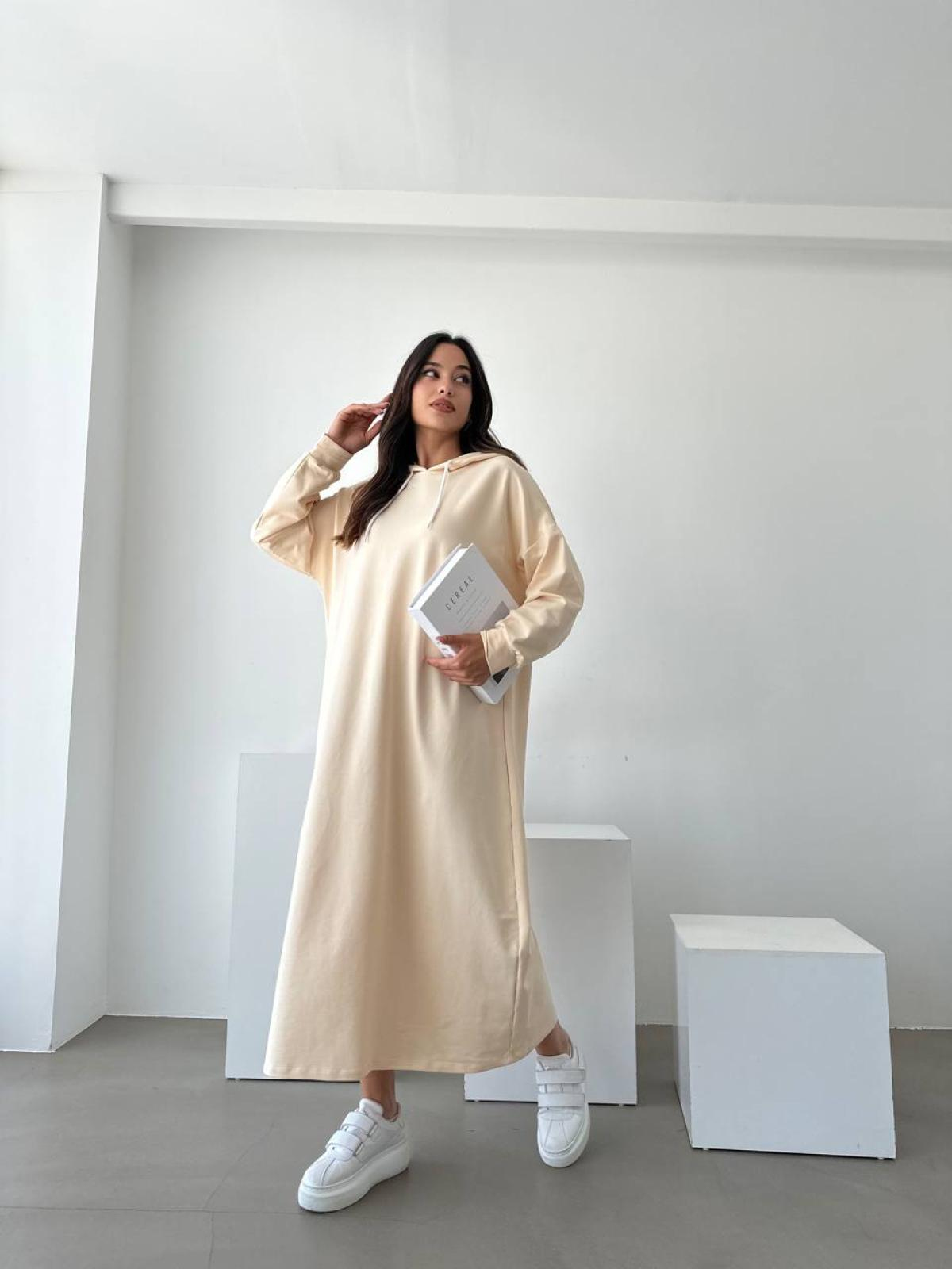 Women hooded long-sleeve midi dress wholesale Cream color