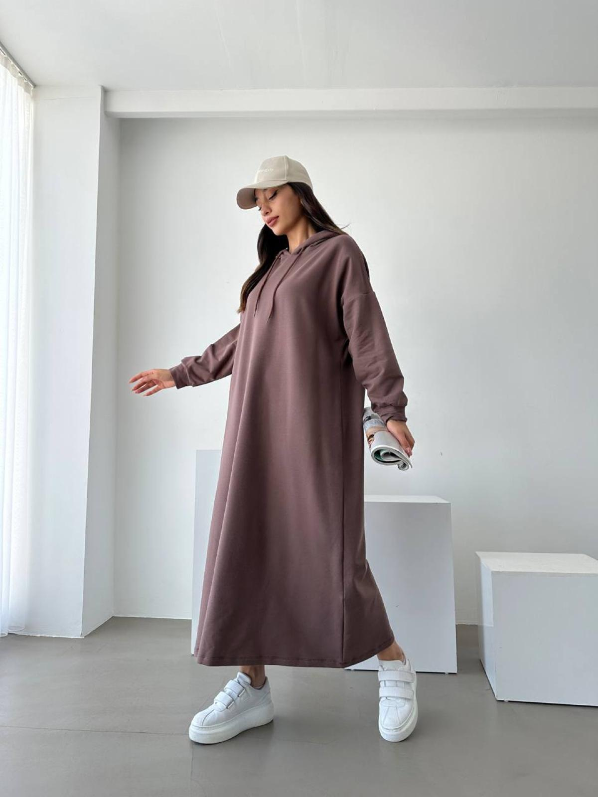 Women hooded long-sleeve midi dress wholesale Marsala color