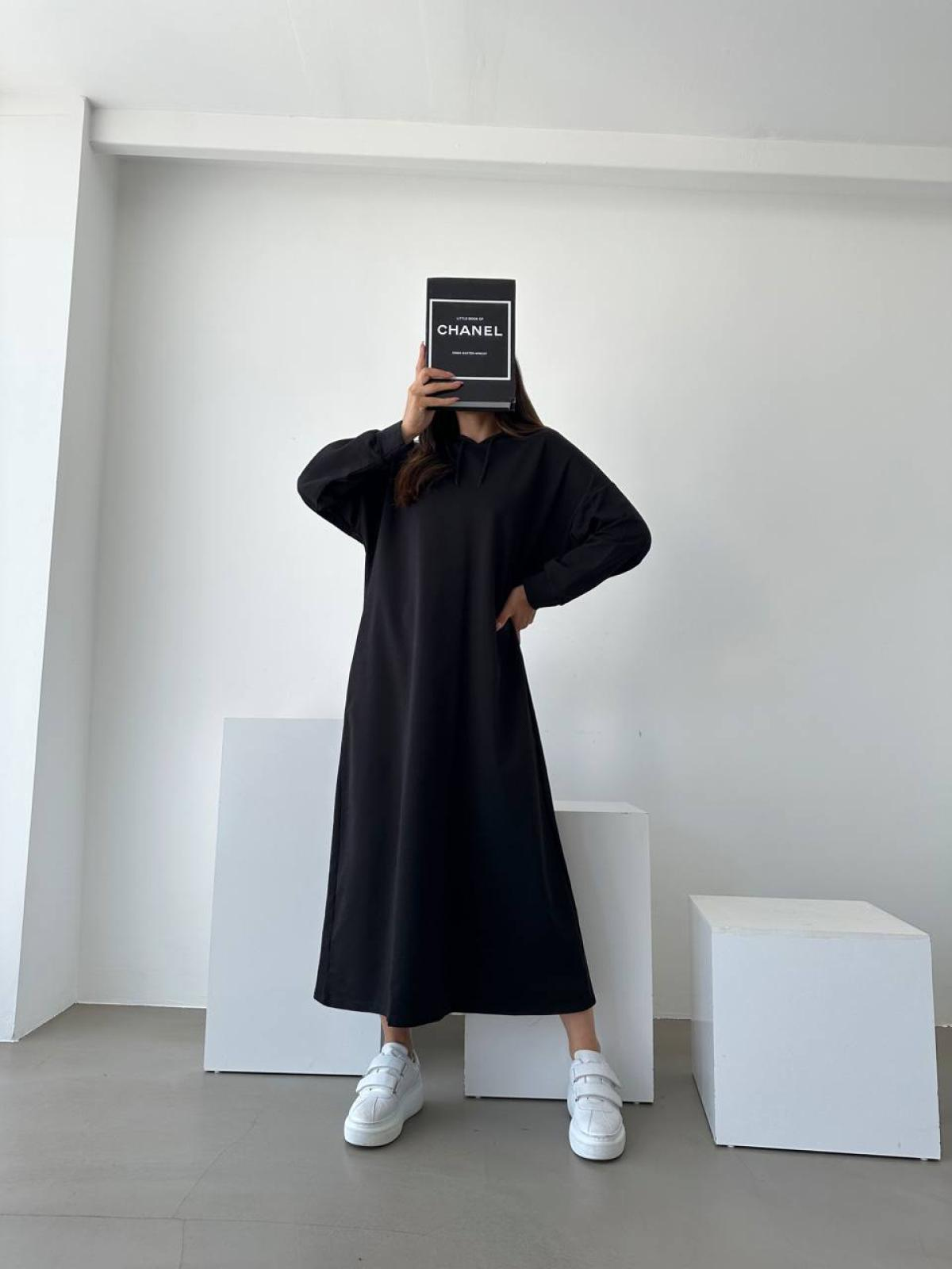 Women hooded long-sleeve midi dress wholesale Black color