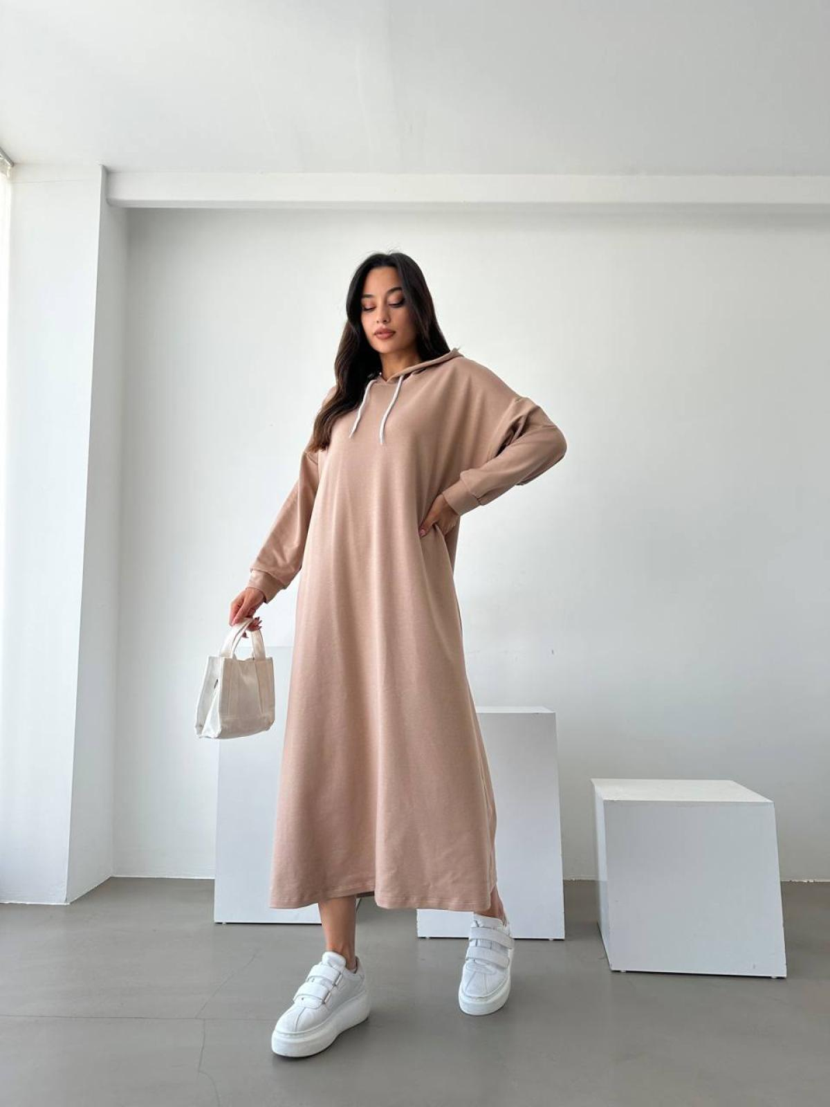 Women hooded long-sleeve midi dress wholesale Beige color