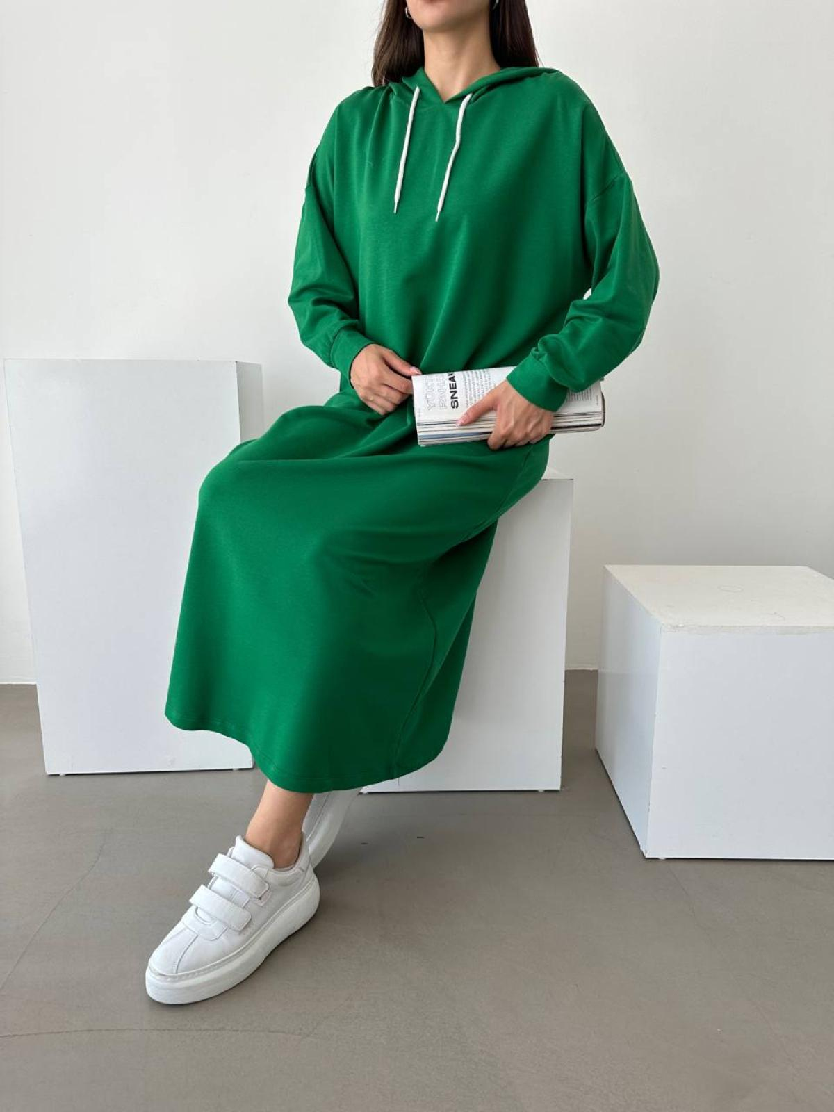Women hooded long-sleeve midi dress wholesale Green color