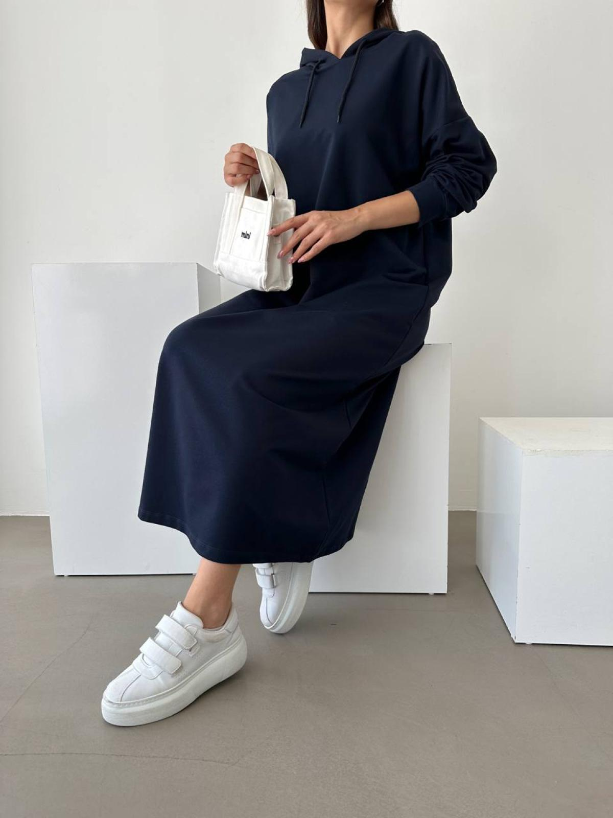 Women hooded long-sleeve midi dress wholesale Navy color