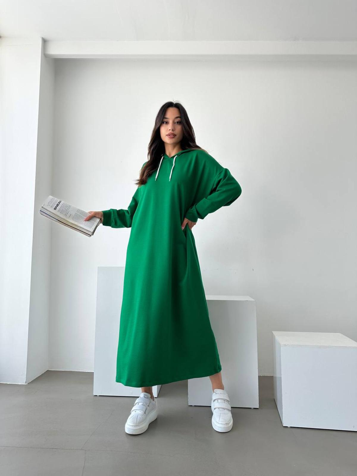Women hooded long-sleeve midi dress wholesale Green color