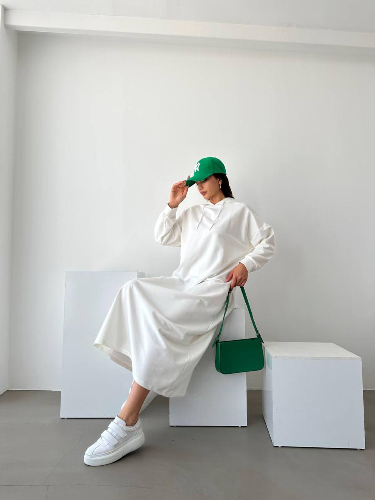 Women hooded long-sleeve midi dress wholesale White color