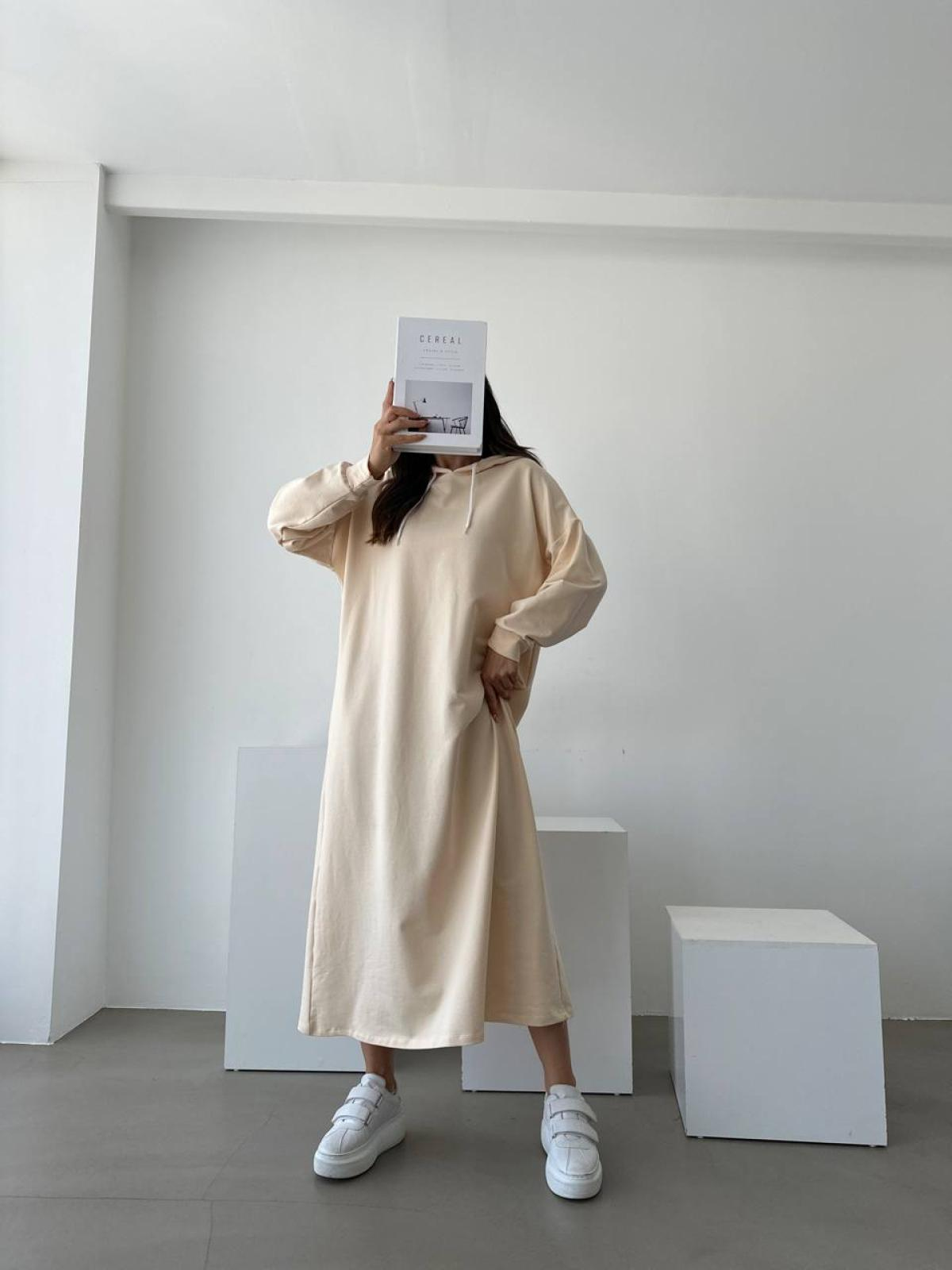 Women hooded long-sleeve midi dress wholesale Cream color