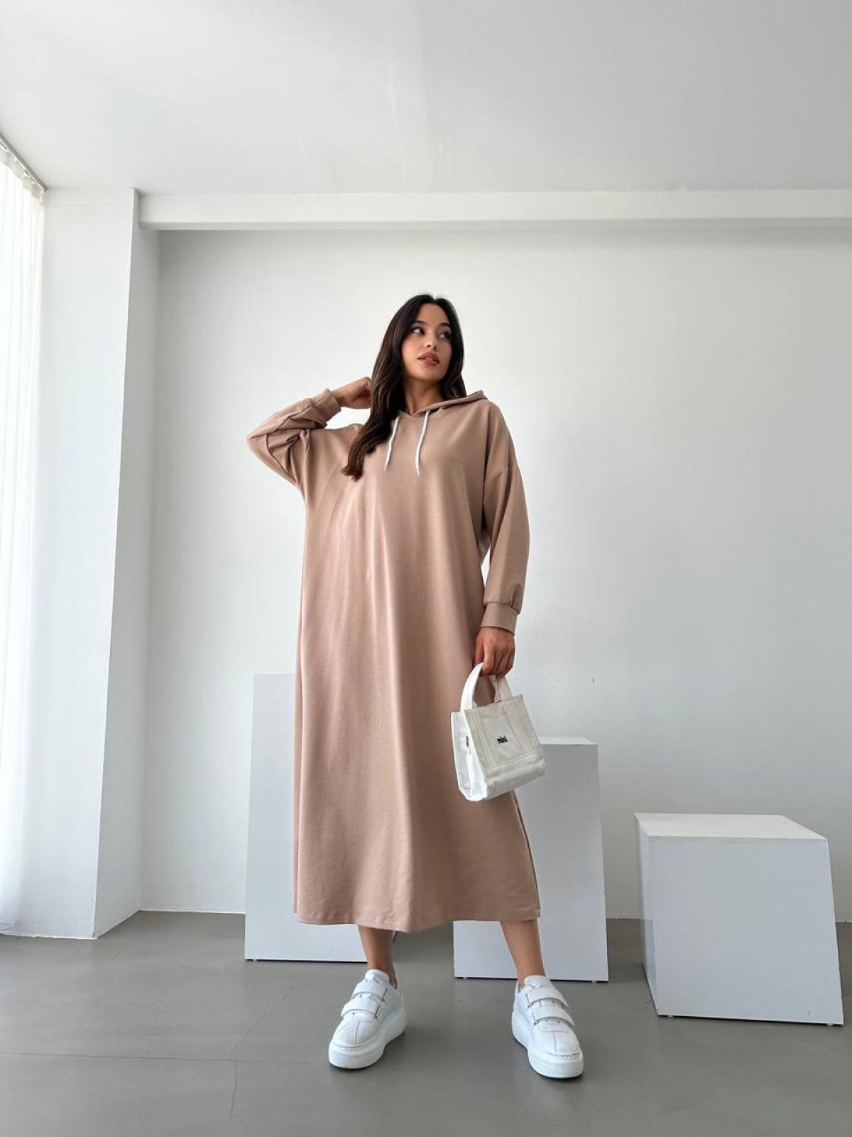 Women hooded long-sleeve midi dress wholesale Beige color